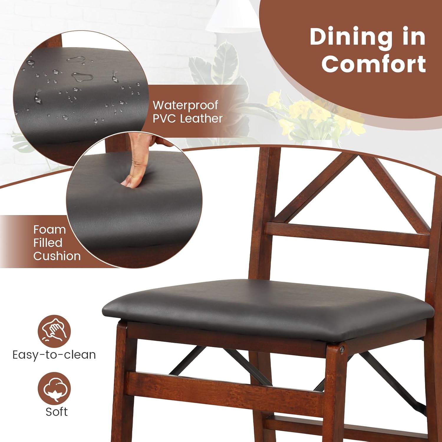 Giantex Juego de 2 sillas de comedor plegables de madera con asiento acolchado, marco de madera maciza, carga máxima de 400 libras, sin montaje,
