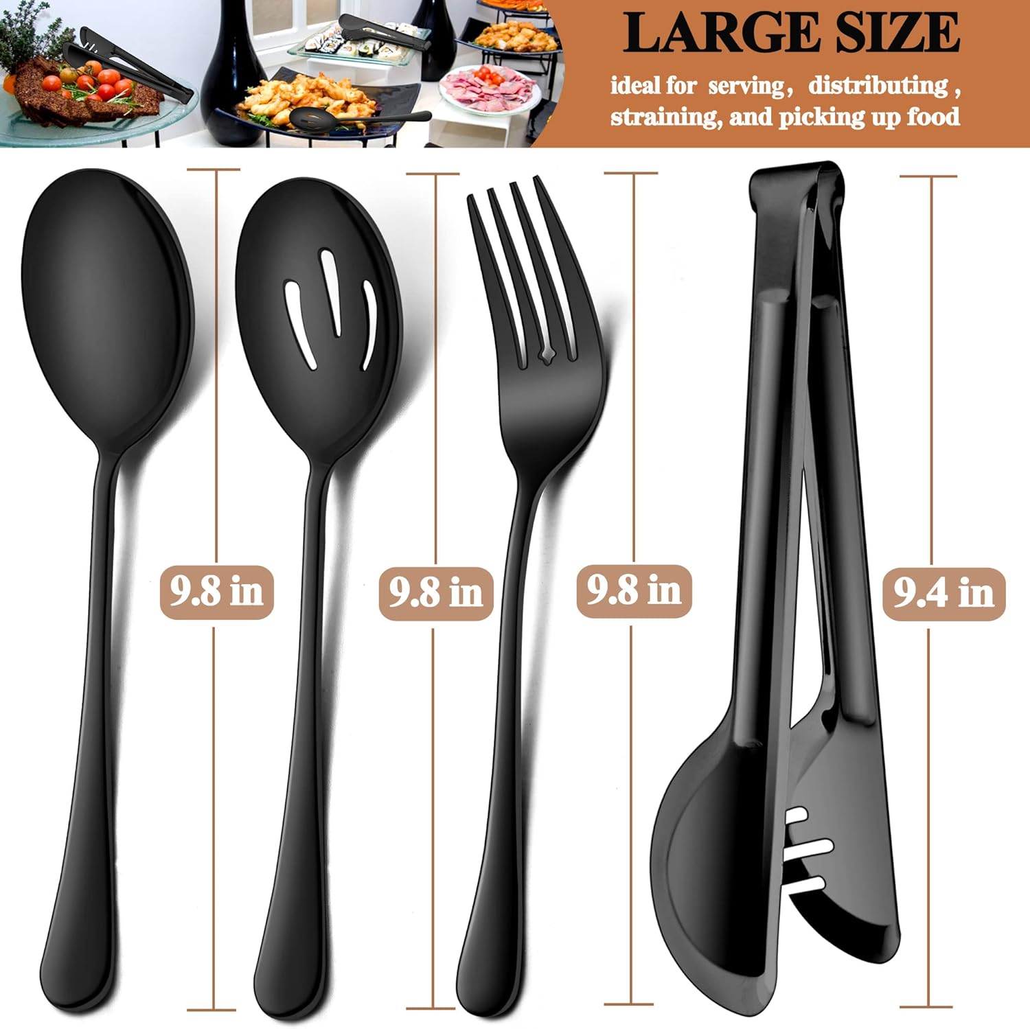 LIANYU Juego de utensilios grandes negros para servir, 3 cucharas para servir, 3 cucharas ranuradas, 3 tenedores para servir, 3 pinzas para servir,