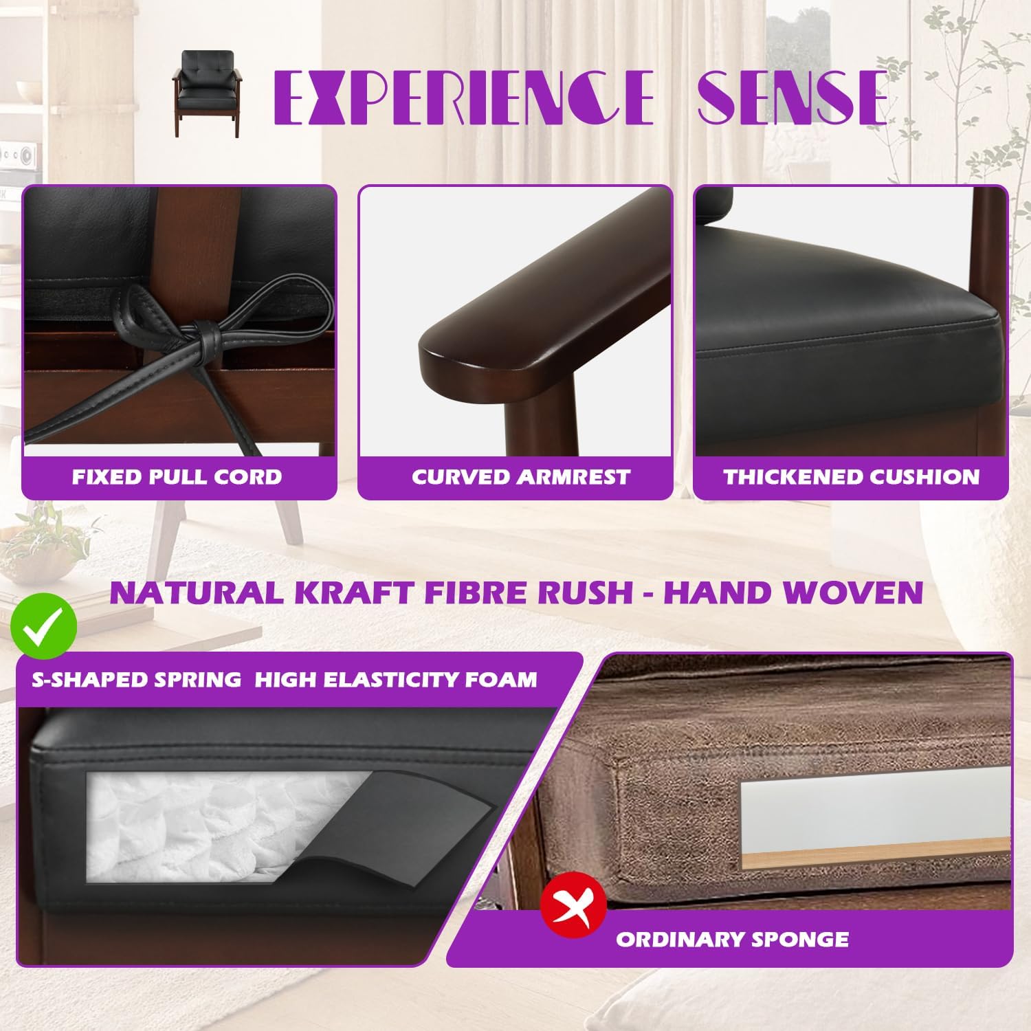 TYBOATLE Sillas decorativas retro modernas de mediados de siglo, sillón tapizado de piel sintética con marco de madera maciza y cojines extraíbles,