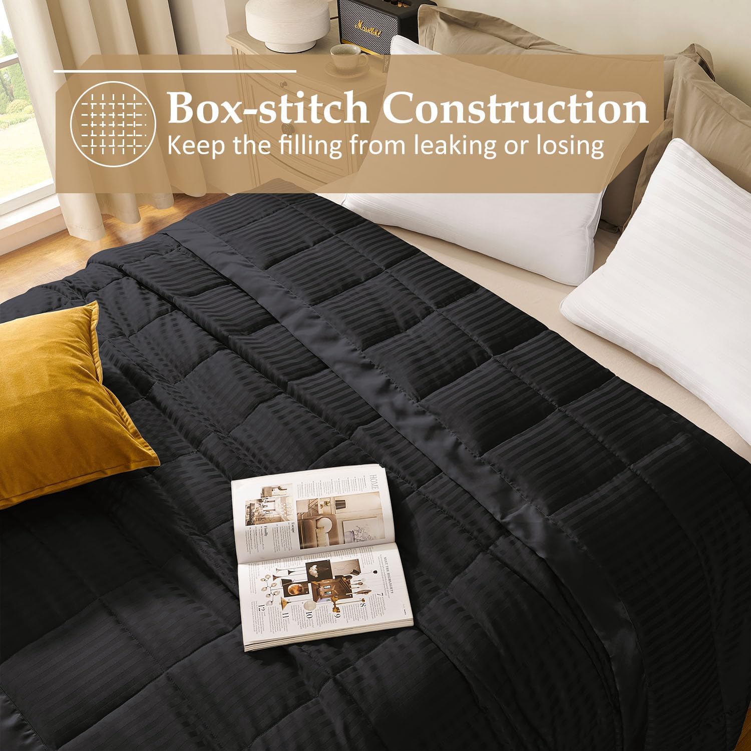 downluxe – Manta con ribete de satén, ligera, con relleno alternativo, para todas las estaciones, lavable a máquina, tamaño individual (color negro,