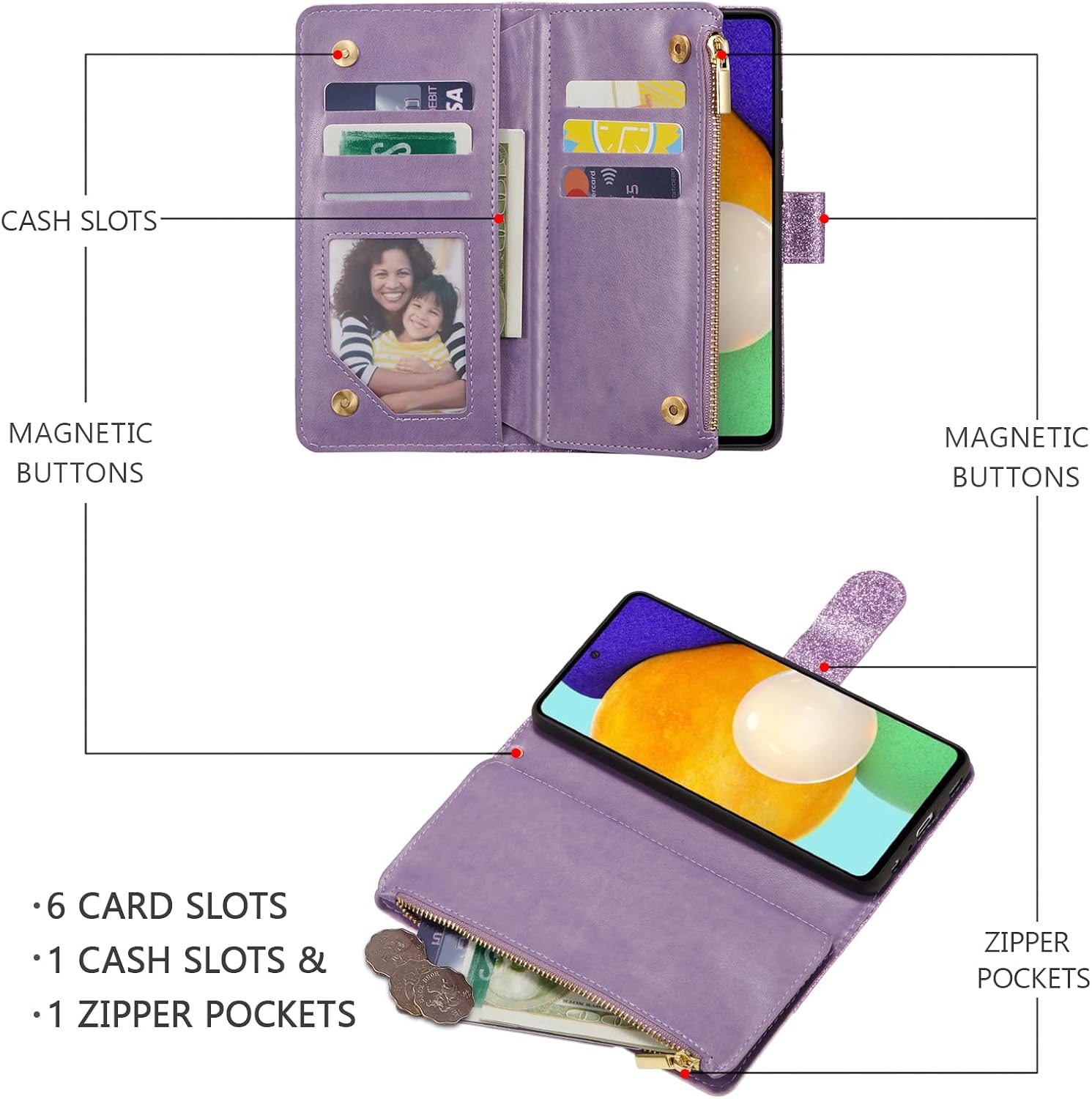 UEEBAI Funda tipo cartera para Samsung Galaxy A52 4G5G A52S 5G, con purpurina de piel sintética con cierre magnético Bolso de mano con cremallera