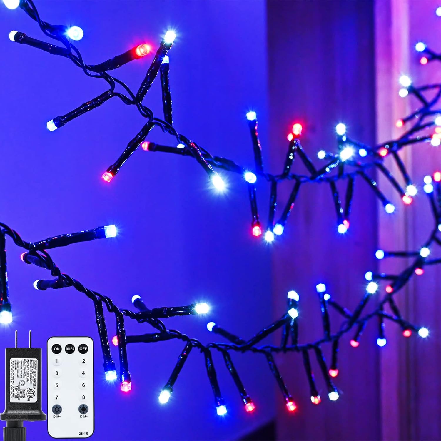 Tira de luces LED rojas, blancas y azules, 400 LED, 19.7 pies, 8 modos, impermeable, para interiores y exteriores, 4 de julio, Día de la