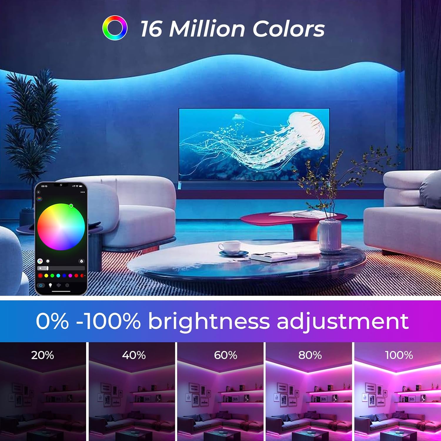 INDARUN Tira de luz LED COB de 24 V, 32.8 pies, 5760 LED de 0.394 in de ancho, tira LED RGB inteligente con sincronización de música, luces que