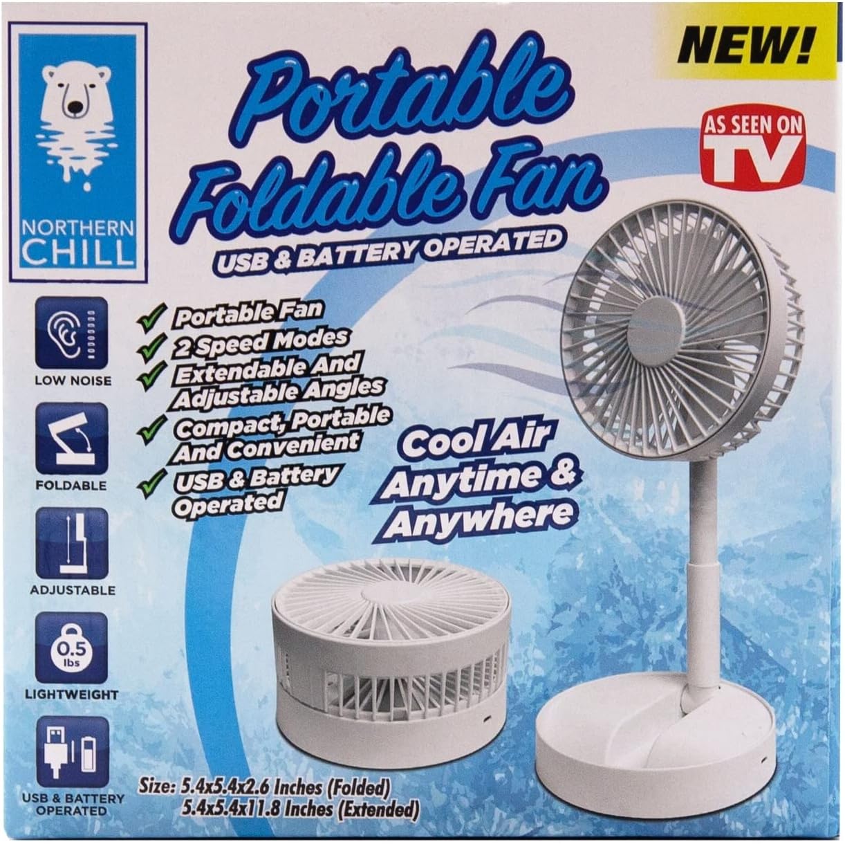Northern Chill – Ventilador plegable portátil de plástico blanco giratorio, ajuste silencioso, mediano