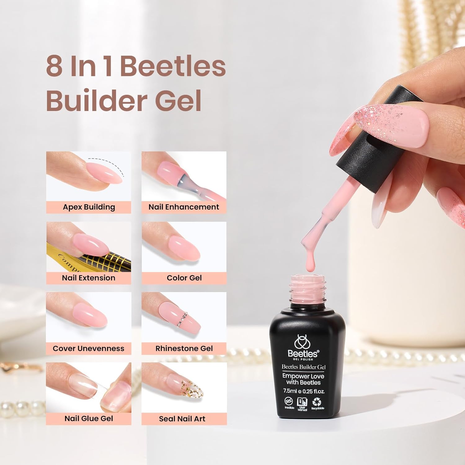 Beetles Builder Gel – 12 unidades, 8 en 1 rosa pastel nude gel constructor para uñas, colores beige y blanco, gel duro, extensión de gel