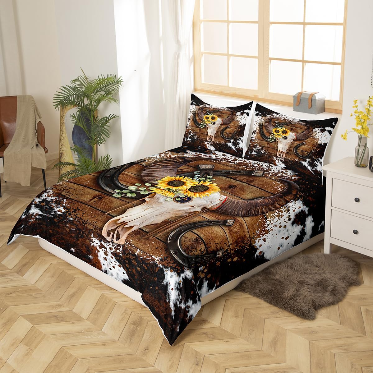 Juego de funda de edredón de calavera de vaca, tamaño Queen, juego de ropa de cama de madera de madera de vaca para niños, niñas y hombres,