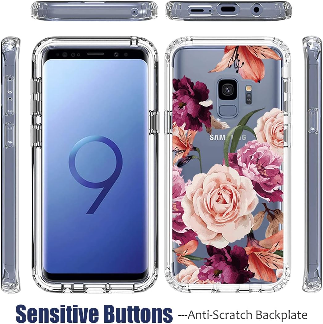 Funda para Galaxy S9, Samsung S9 SM-G960U con protector de pantalla de vidrio templado, cuerpo completo, lindo diseño floral, a prueba de golpes,