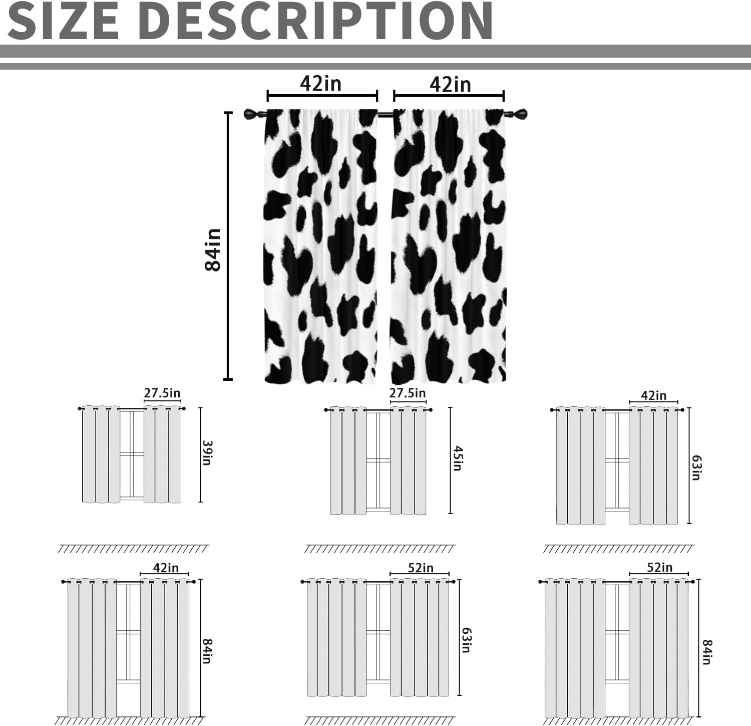EGLGCC Cortinas con estampado de vaca para habitación larga, lindas vacas blancas y negras, 42 pulgadas de ancho x 84 pulgadas de largo, cortina con