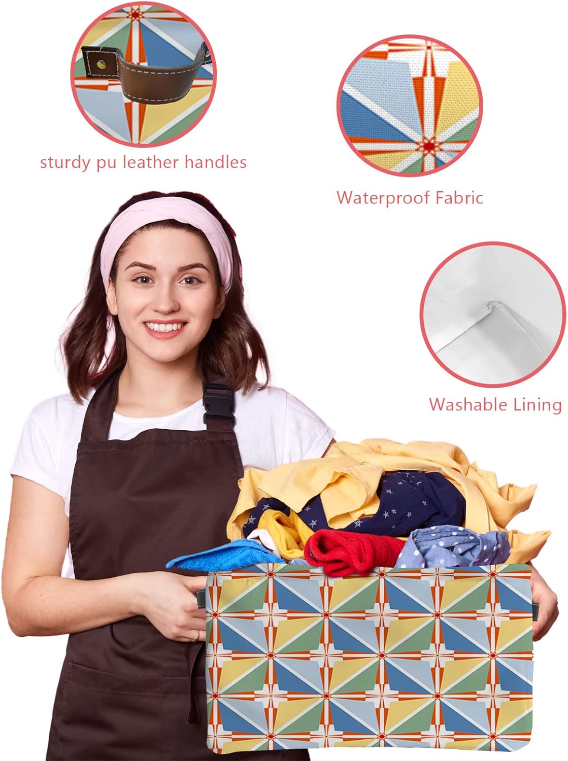 Blue Teal Yellow Plaid Storage Basket for Organizing Shelves, Collapsible Storage Bins Boxes with Handle, Modern Red Geometric Checkered Art Canvas