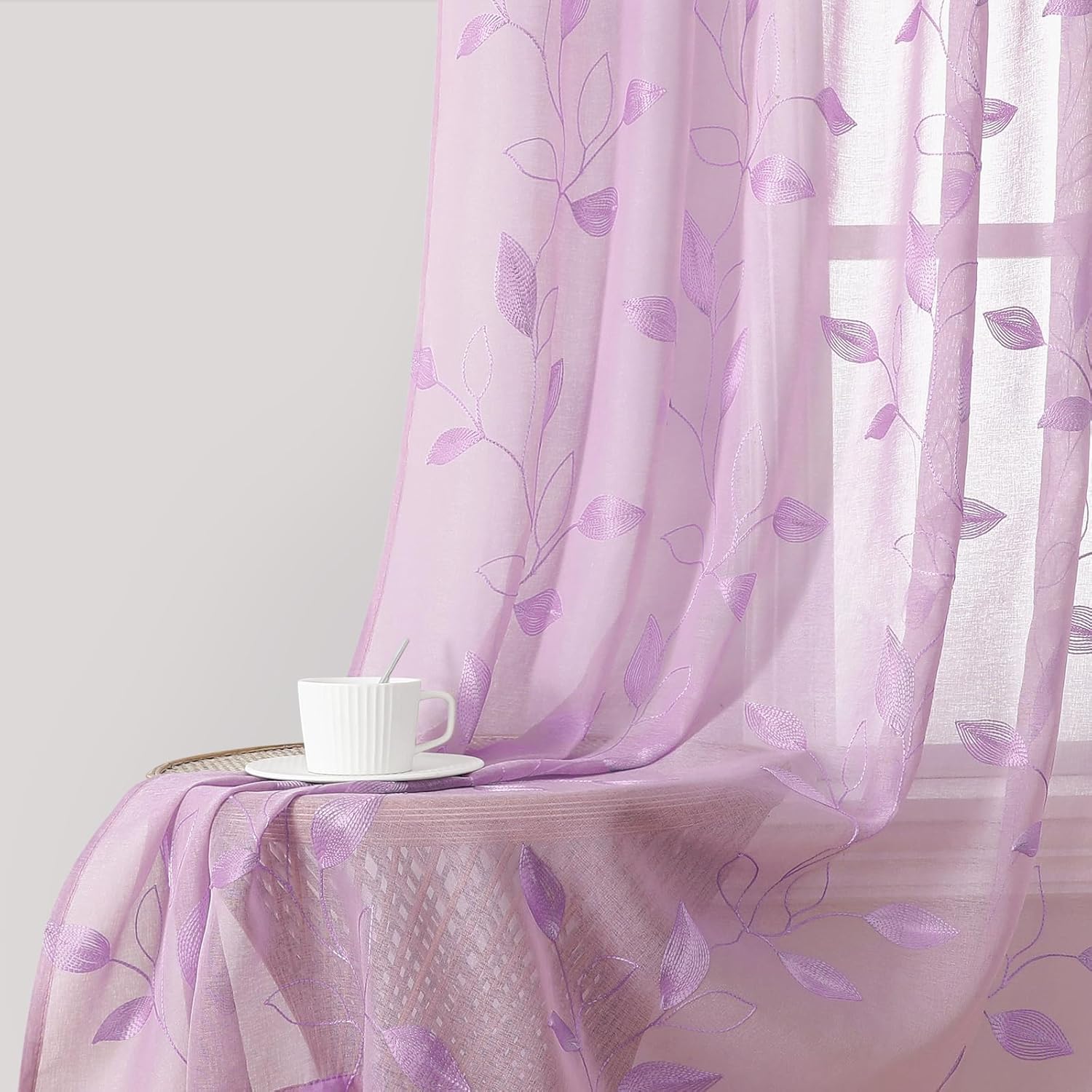 HOMEIDEAS Cortinas traslúcidas moradas de 52 x 96 pulgadas de largo, 2 paneles de cortinas bordadas moradas con patrón de hojas con bolsillo de lino