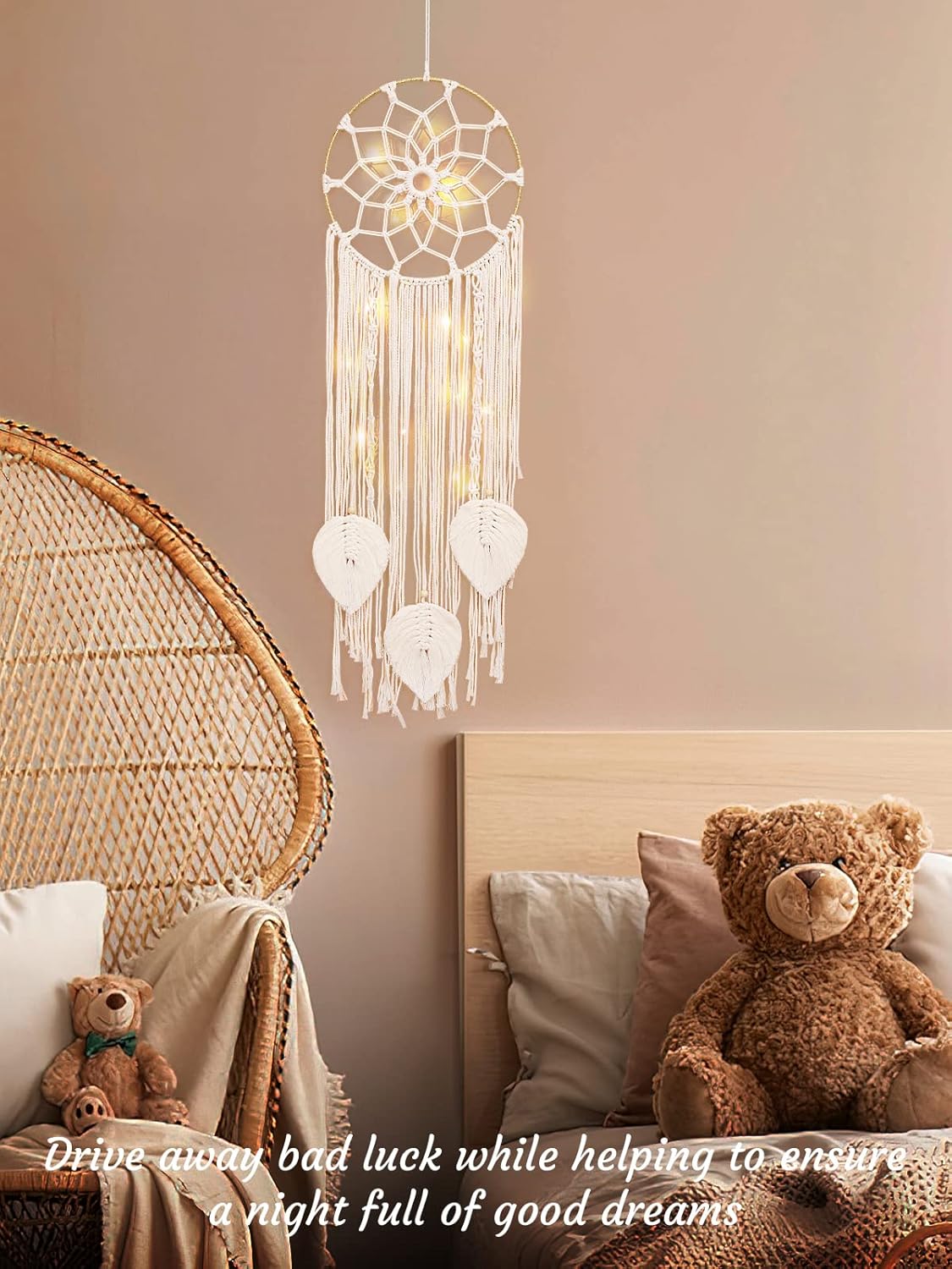 Shinowa Atrapasueños, macramé de algodón para colgar en la pared, atrapasueños con luces de hadas, atrapasueños bohemio para dormitorio de adultos,