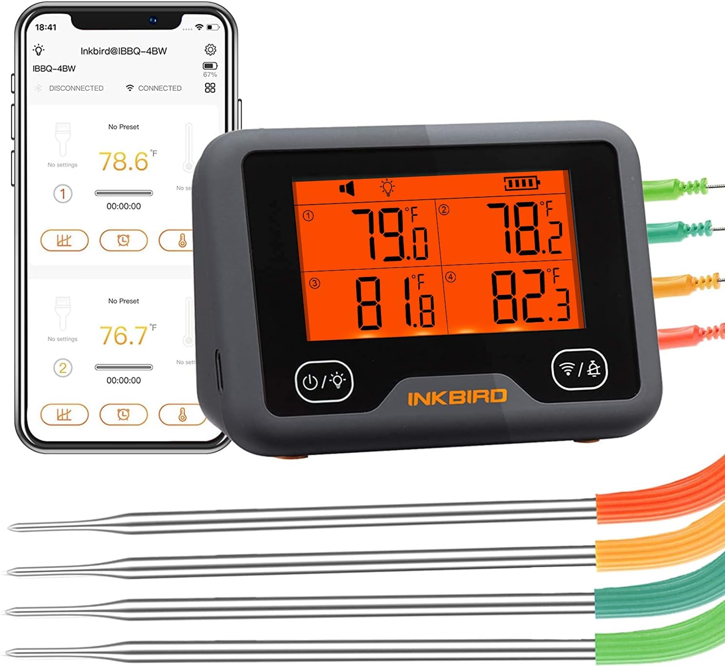 Termómetro de carne Bluetooth y WiFi IBBQ-4BW, termómetro inalámbrico inteligente para parrilla, 4 sondas de color, notificación móvil, temporizador