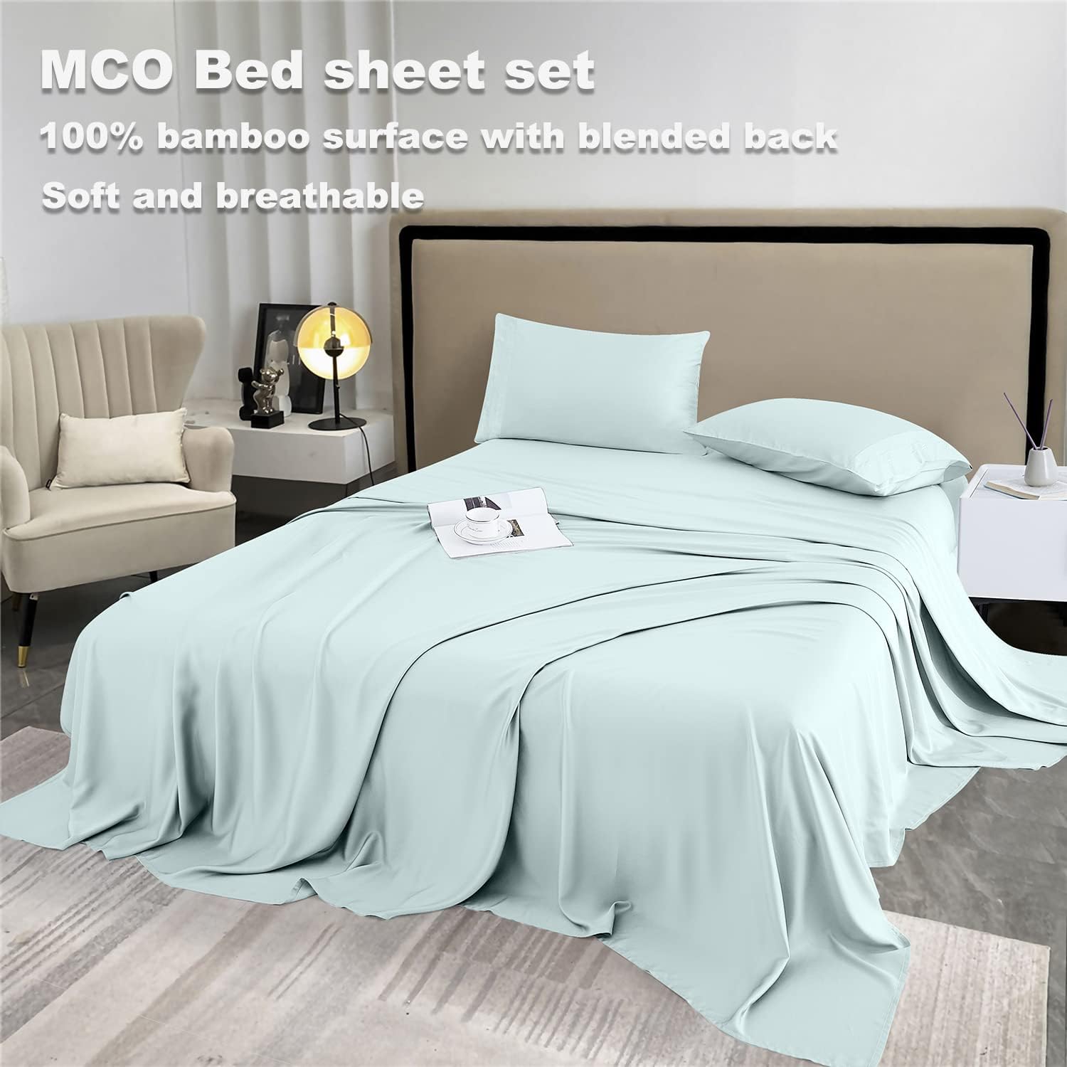 MCO Bedding Queen Bed Sheets Set – Rayon Derived from Bamboo Sheets – Cooling Breathable Bedding Set with 16″ Deep Pocket (4 Pieces, Queen, Sky Blue)
