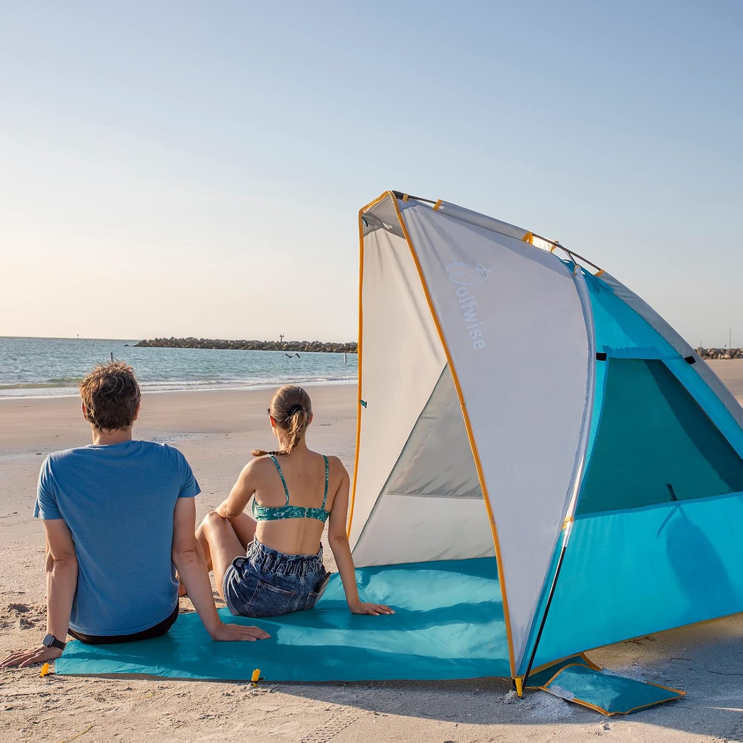 WolfWise Tienda de campaña de playa portátil para 4-5 personas UPF 50+, sombrilla con suelo extensible, color azul, XL