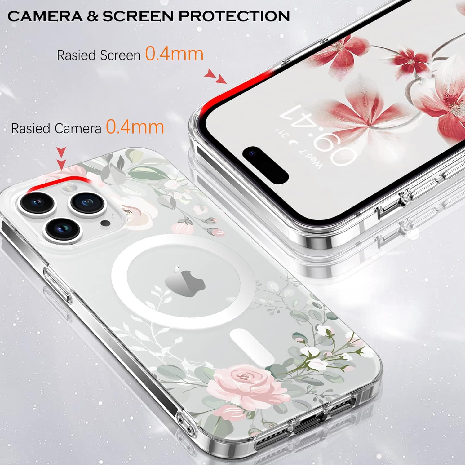 YINLAI Funda para iPhone 14 Pro Max de 6.7 pulgadas, magnética compatible con MagSafe transparente, transparente, patrón floral de flores rosas para