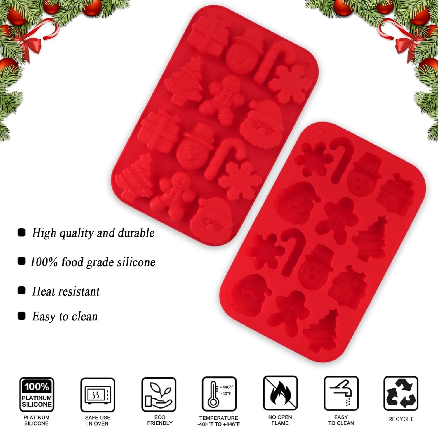 Juego de 2 moldes de silicona para hornear de Navidad, árbol de Navidad, copos de nieve, muñeco de nieve, Papá Noel, caja de regalo, pan de