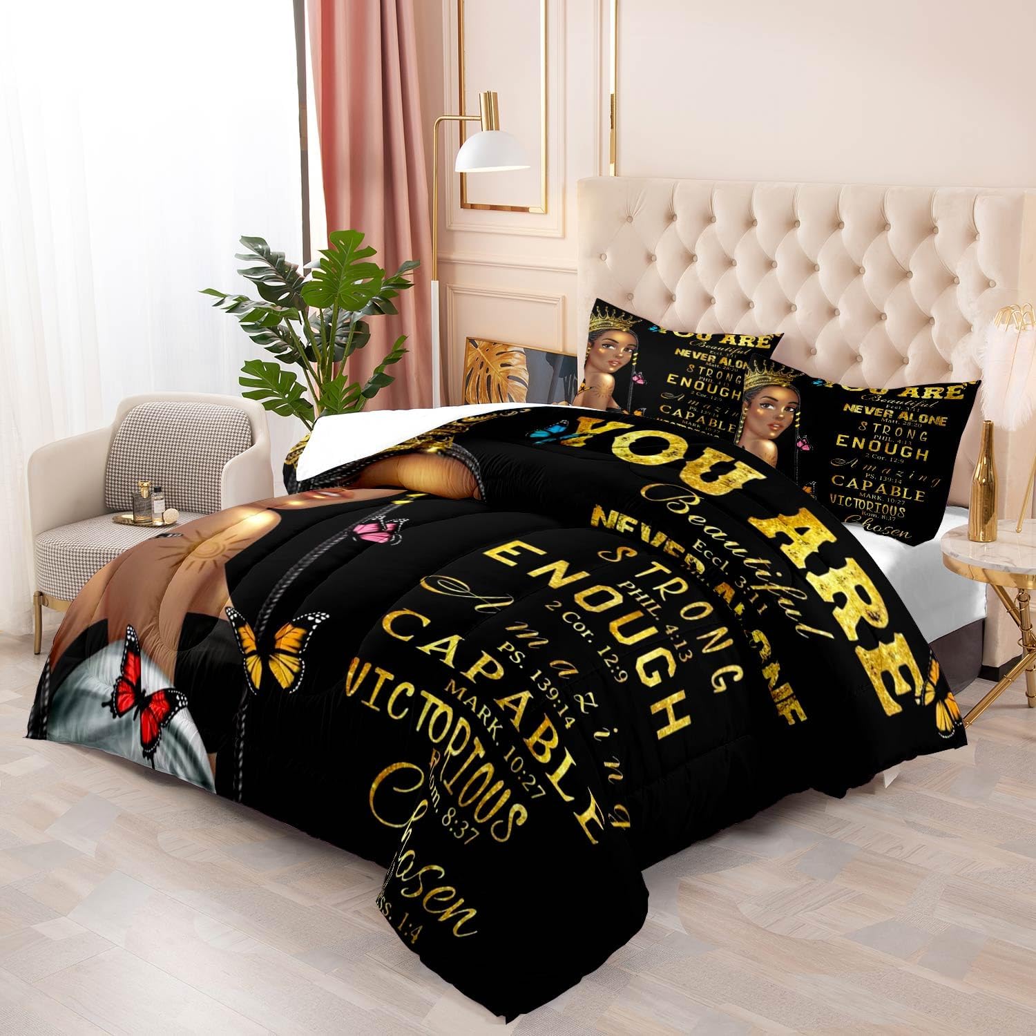 LUVIVIHOME Juego de edredón mágico para niñas negras, tamaño King, ropa de cama afroamericana con versículo bíblico cristiano, mariposa, decoración