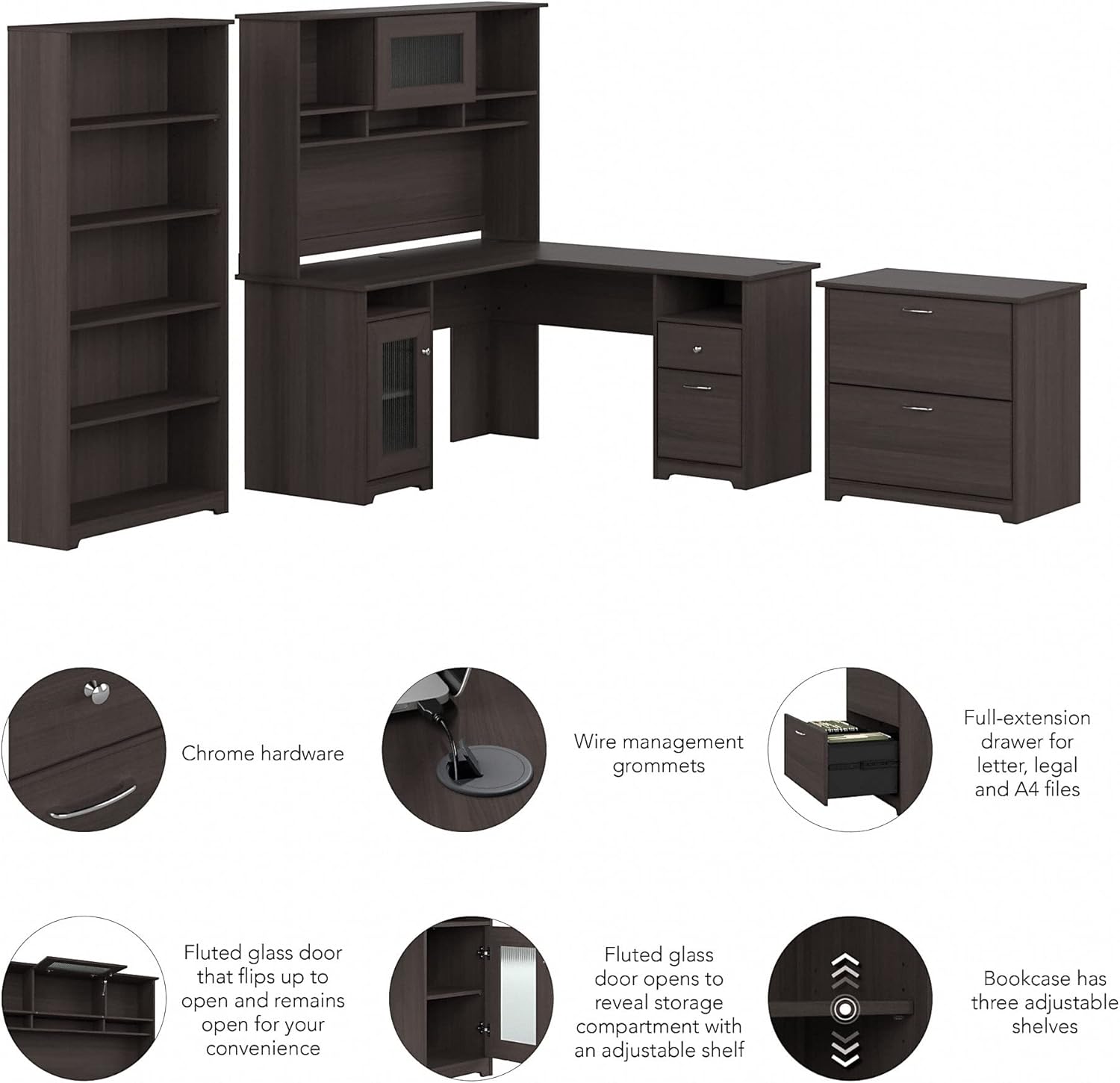 Bush Furniture – Escritorio en forma de L con gabinete, estantería de 5 estantes y archivador lateral  Mesa esquinera para computadora con