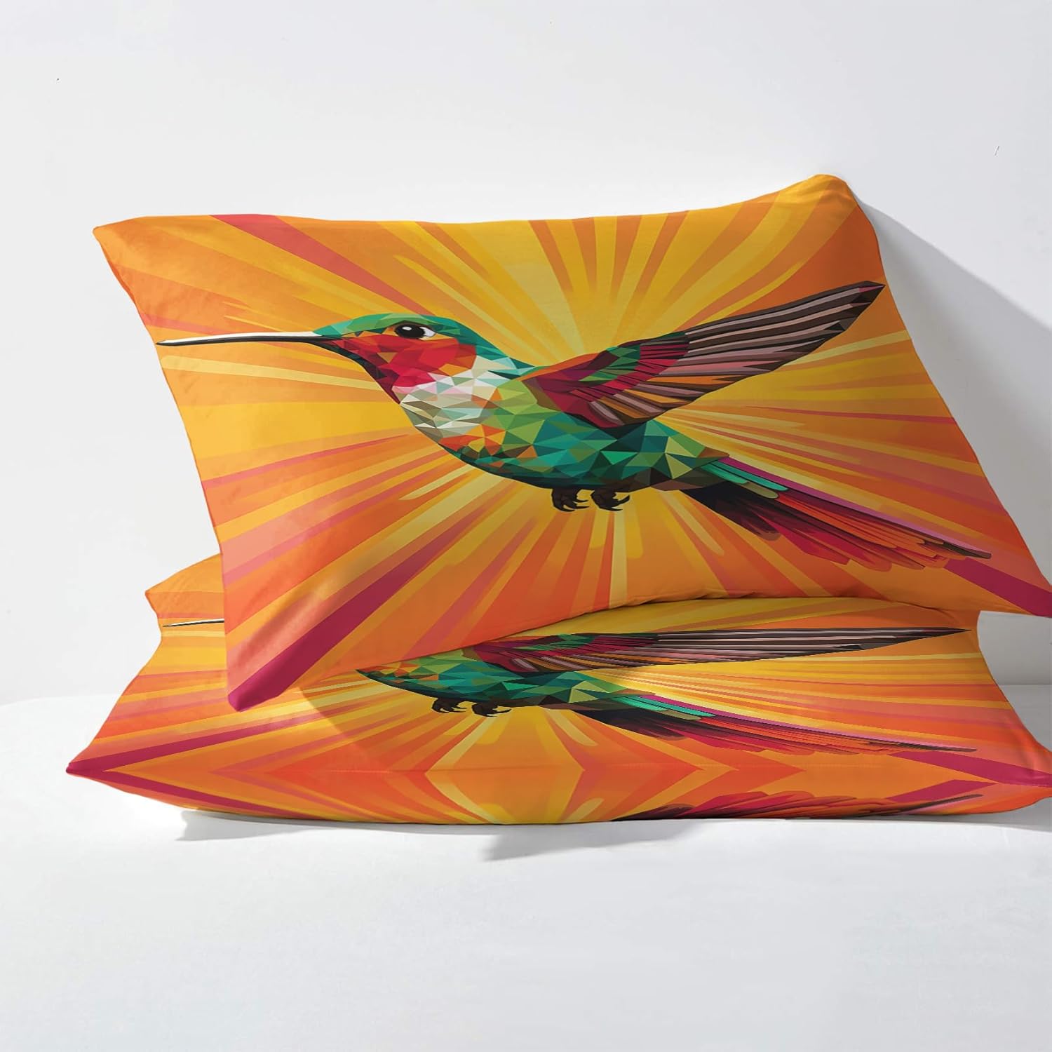 J1-&-357 – Juego de sábanas de colibrí tamaño Queen, diseño de arco iris vintage, sábanas y fundas de almohada con patrón de 4 piezas, sábana bajera