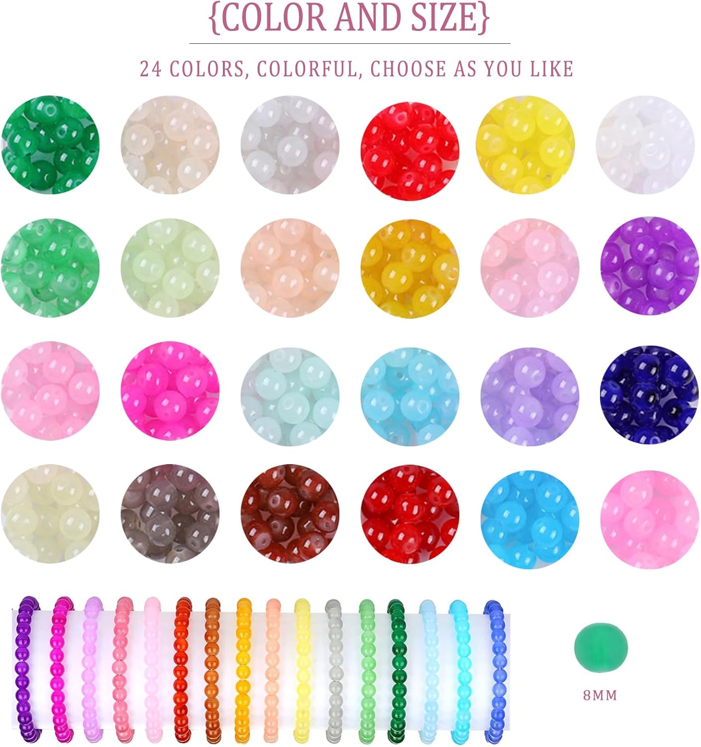 480 cuentas de cristal de 0.315 pulgadas (0.315 in), 24 colores, cuentas de cristal para pulseras, pulseras de la amistad, kit de fabricación de