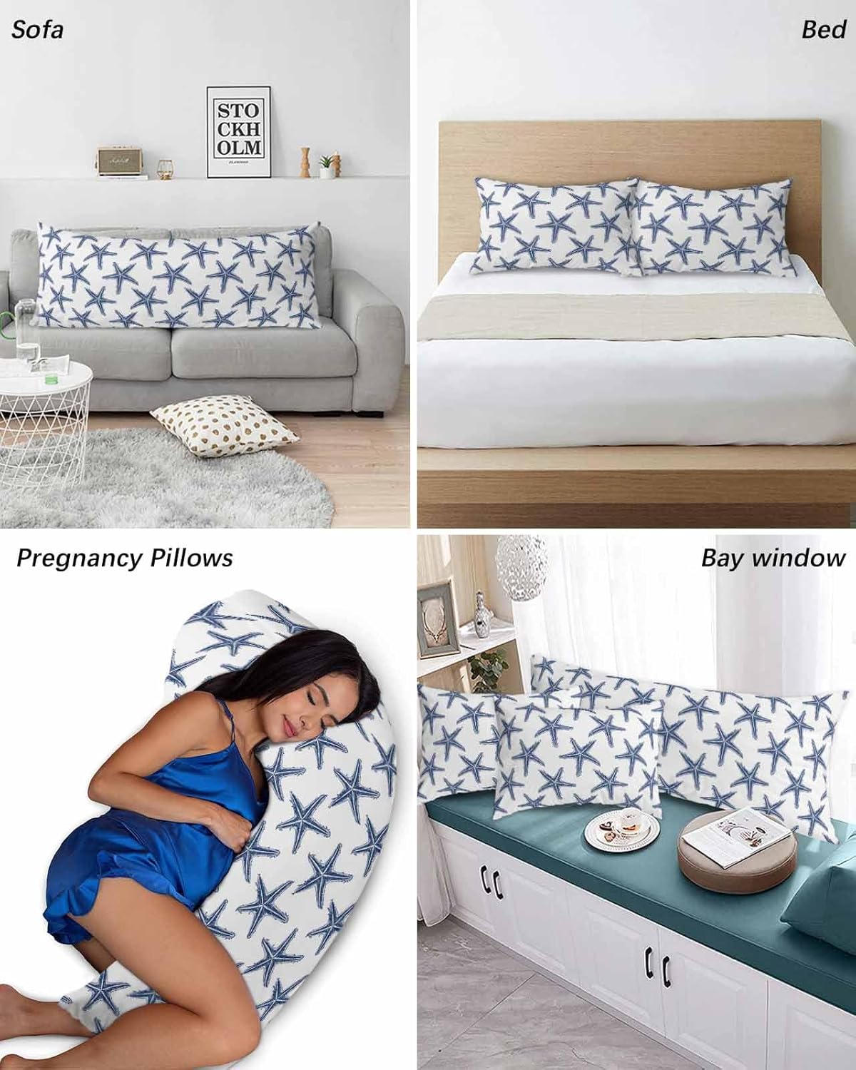 Juego de 2 fundas de almohada tamaño King con estrellas de mar de playa azul marino, fundas de almohada de microfibra para cama, fundas de almohada