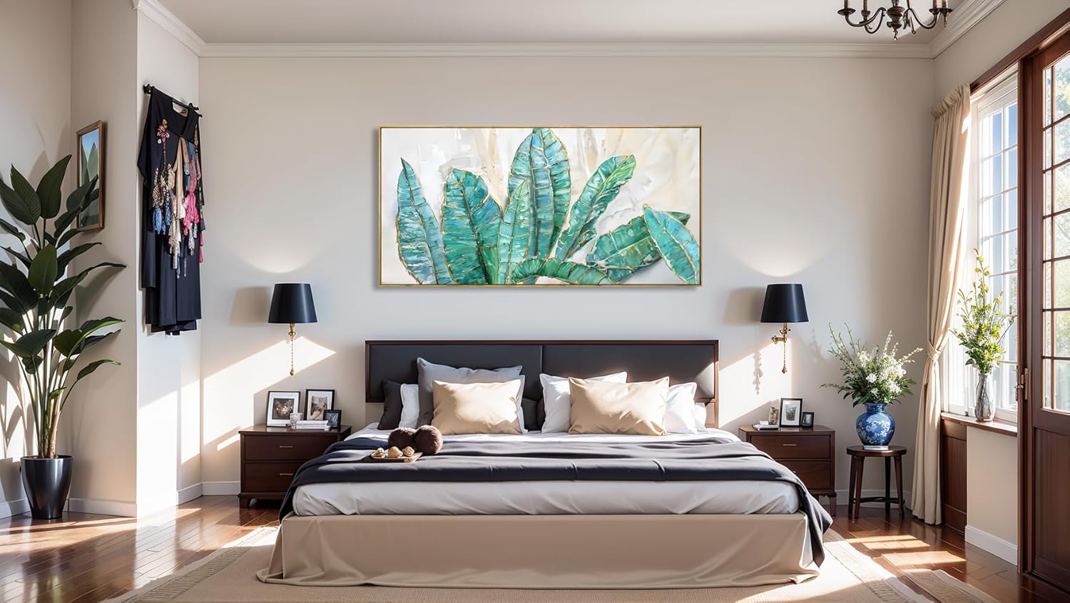 Arte de pared moderno, arte botánico, decoración de pared de hojas verdes, pintura en lienzo para sala de estar, dormitorio, comedor, decoración del