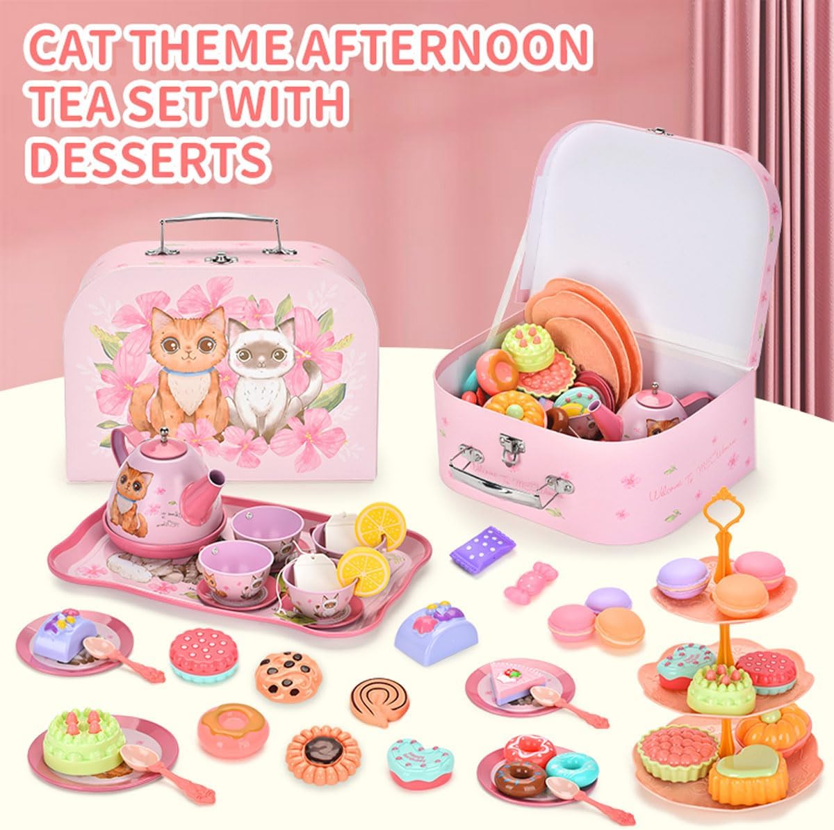 Flormoon Juego de té para niña, juego de té de princesa de 50 piezas, juguete de cocina de simulación, juguete de aprendizaje de formas y colores
