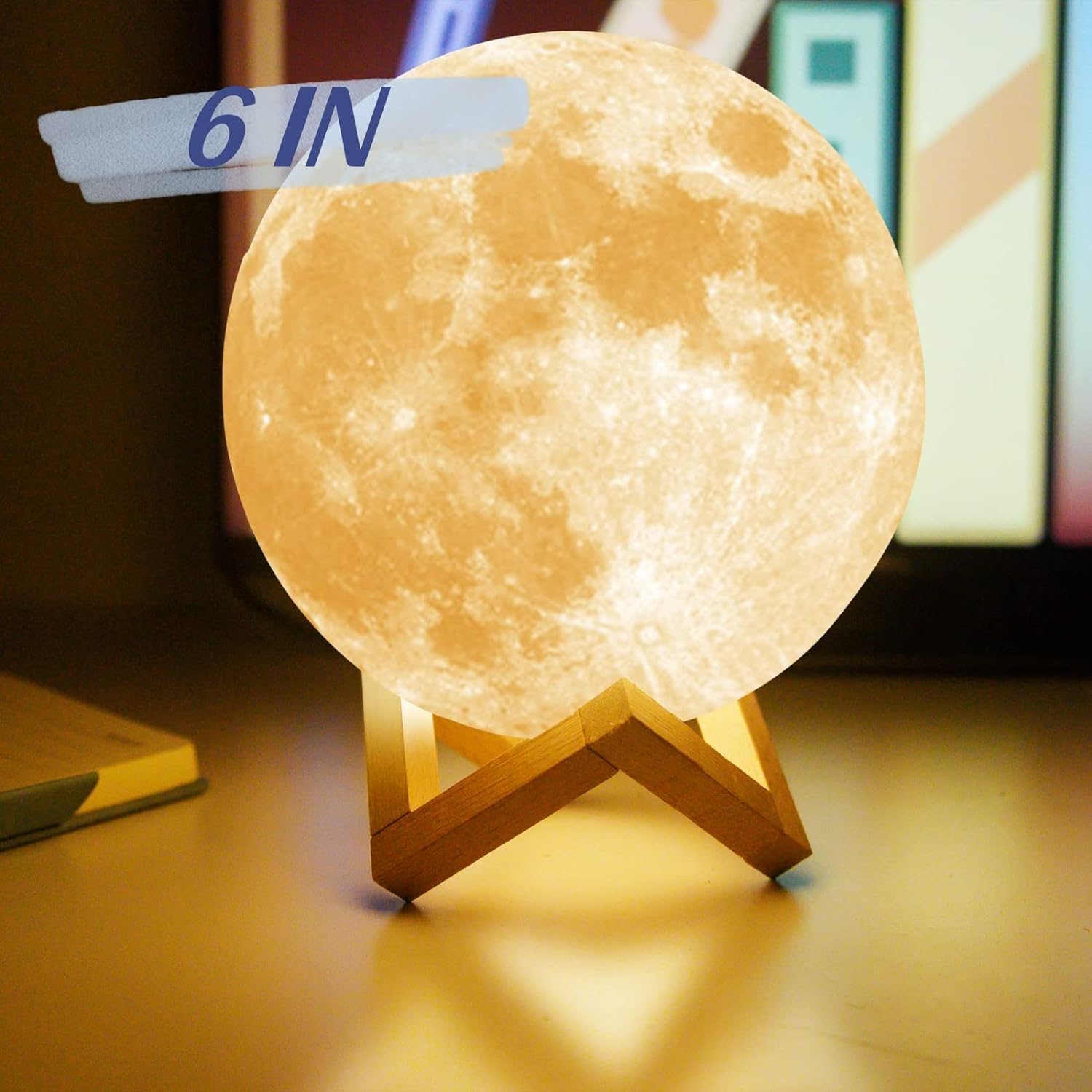 Lámpara de luna de 6.1 pulgadas, 16 colores LED con impresión 3D, luz de luna con soporte, control remoto y táctil y recargable por USB para niños,