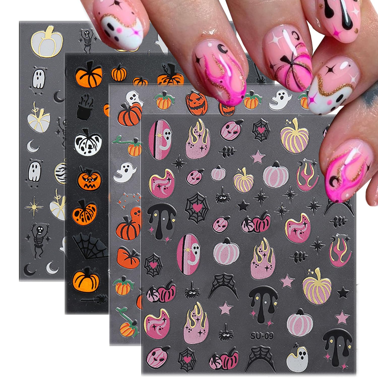 Calcomanías de arte de uñas de Halloween 3D, autoadhesivas, para Halloween, telaraña, murciélago, fantasma, calabaza, diseños de uñas, suministros