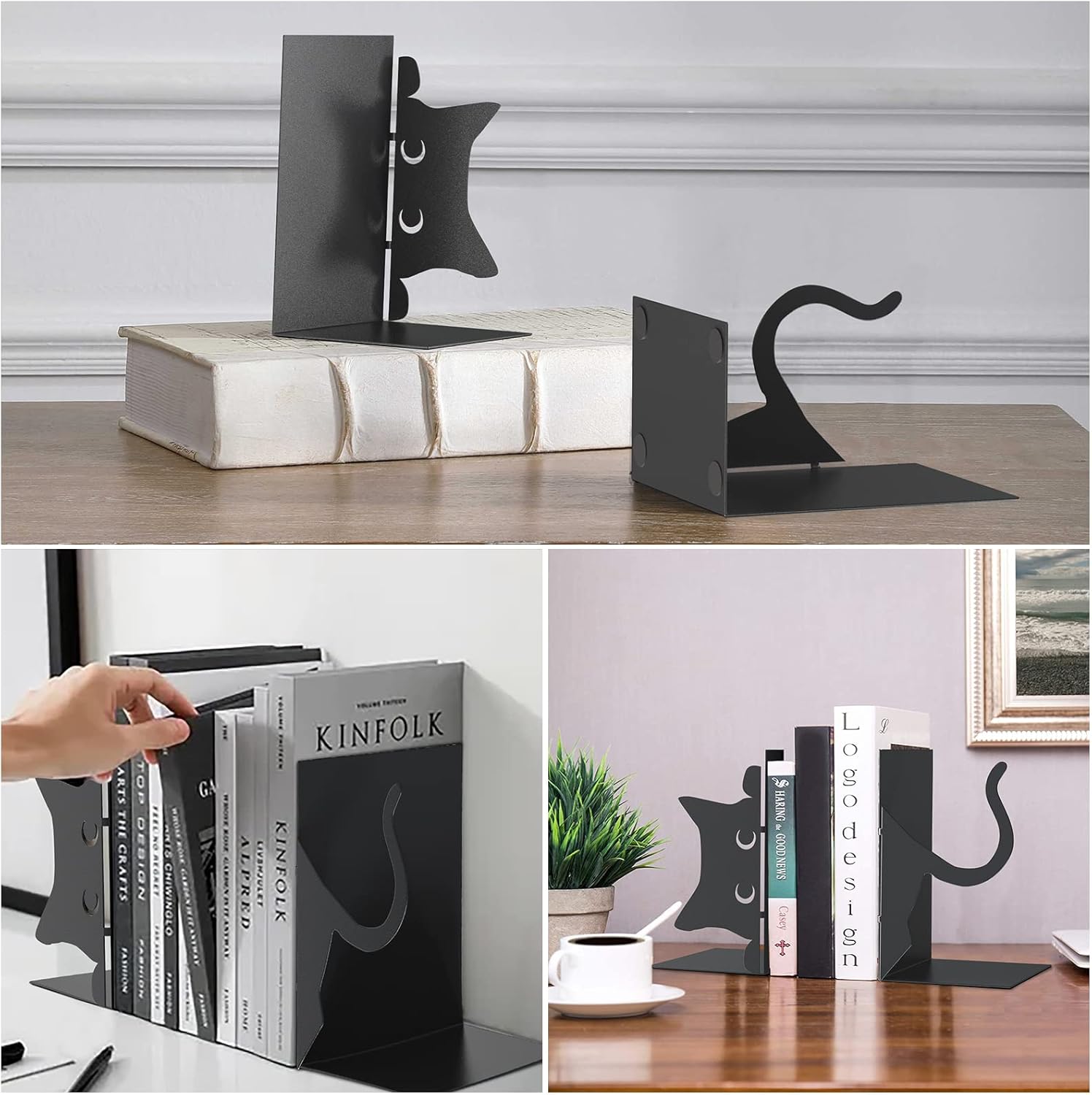 Extremos decorativos para libros, ENCIMART Book Ends, bonitos sujetalibros de gato, sujetalibros de metal, soportes para libros para estantes,