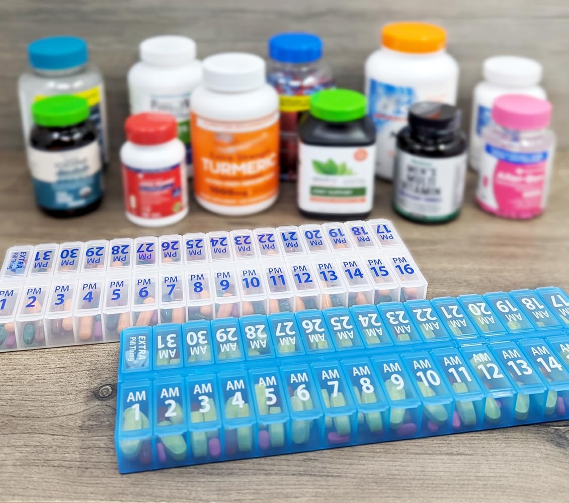 Juego de planificador mensual de pastilleros dos veces al día, organizador de medicamentos AM y PM durante 31 días. El juego contiene 2