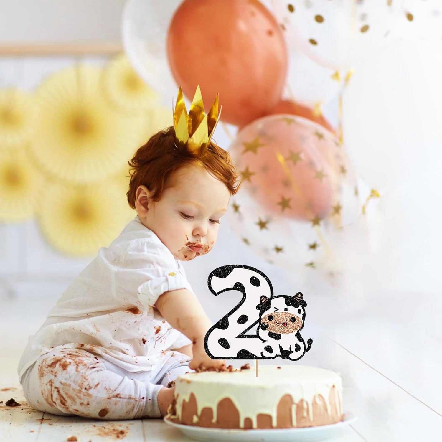 Decoración para pastel de 2 cumpleaños de vaca con purpurina blanca, decoración de pastel de vaca sagrada con texto en inglés “I’m Two” para niños y