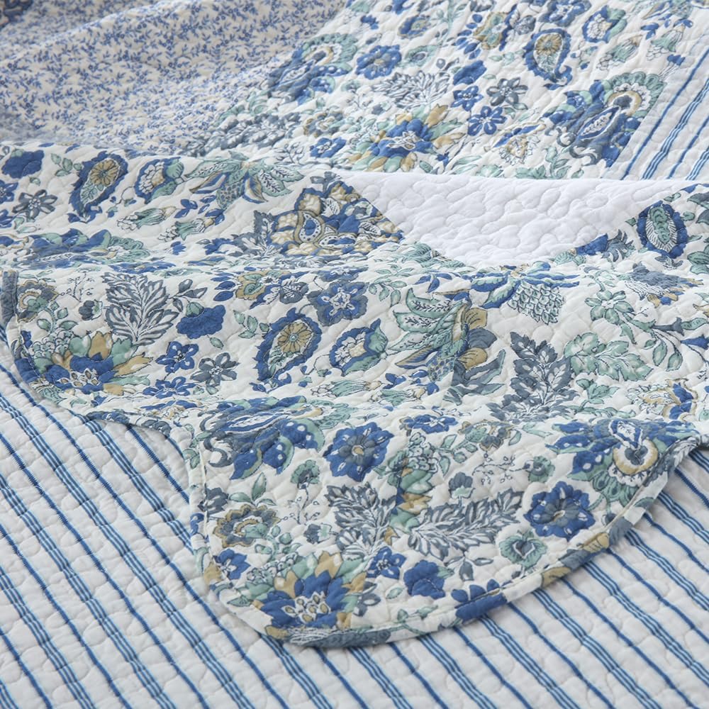 Juego de ropa de cama de algodón de 3 piezas, reversible, juego de colcha reversible vintage floral de retazos azules, tamaño Queen