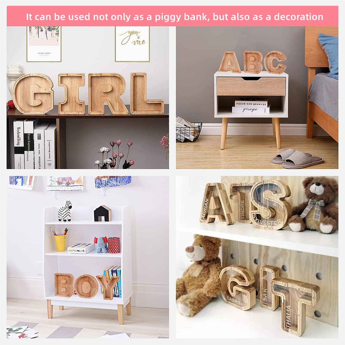 Alcancía de madera, letras personalizadas, banco de dinero para niños, caja de dinero grabada con texto, alcancía de madera, regalo para niños,
