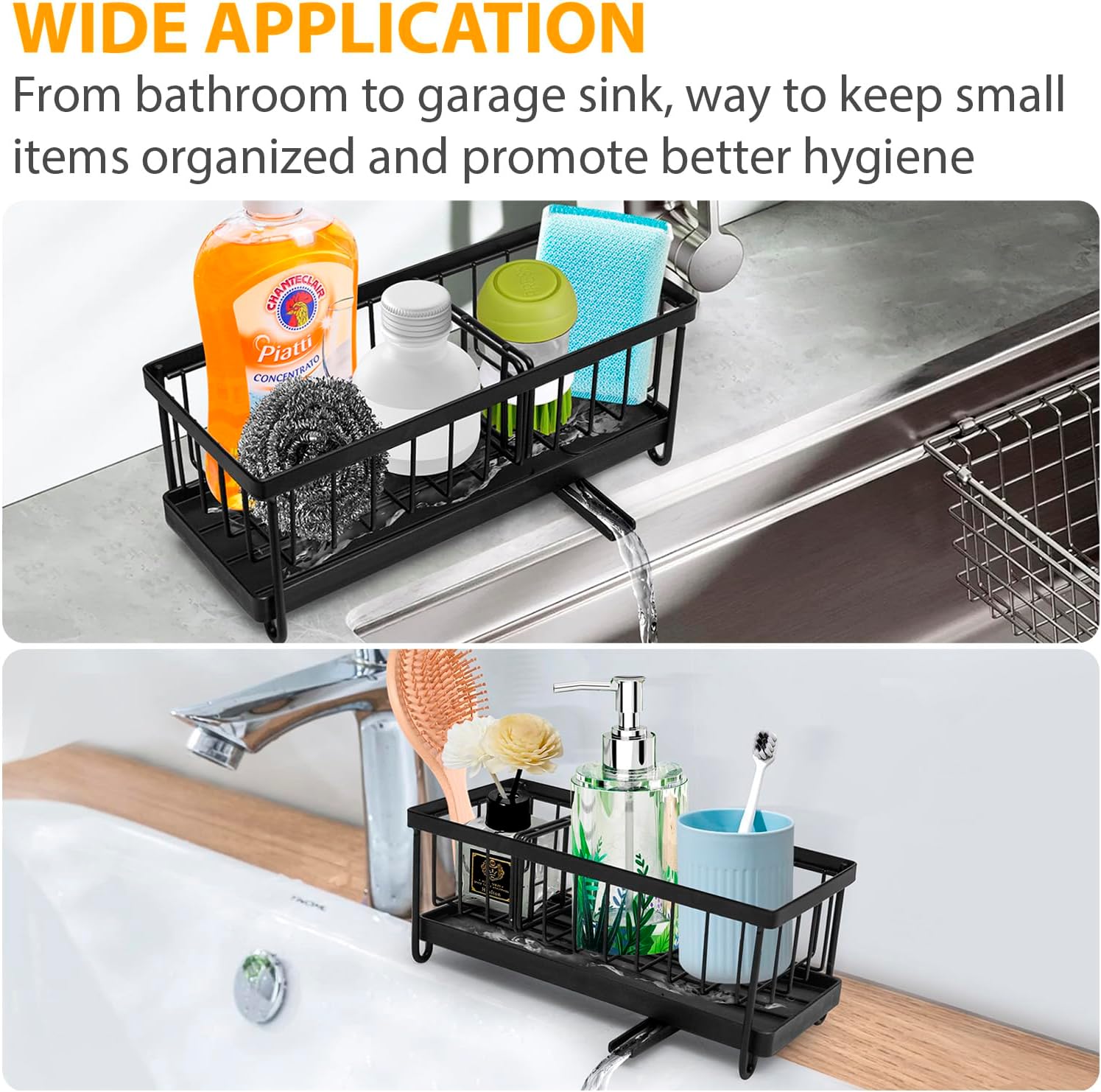 KSEV Organizador de fregadero con bandeja de drenaje ajustable con boquilla automática (acero inoxidable inoxidable), organizador de fregadero de