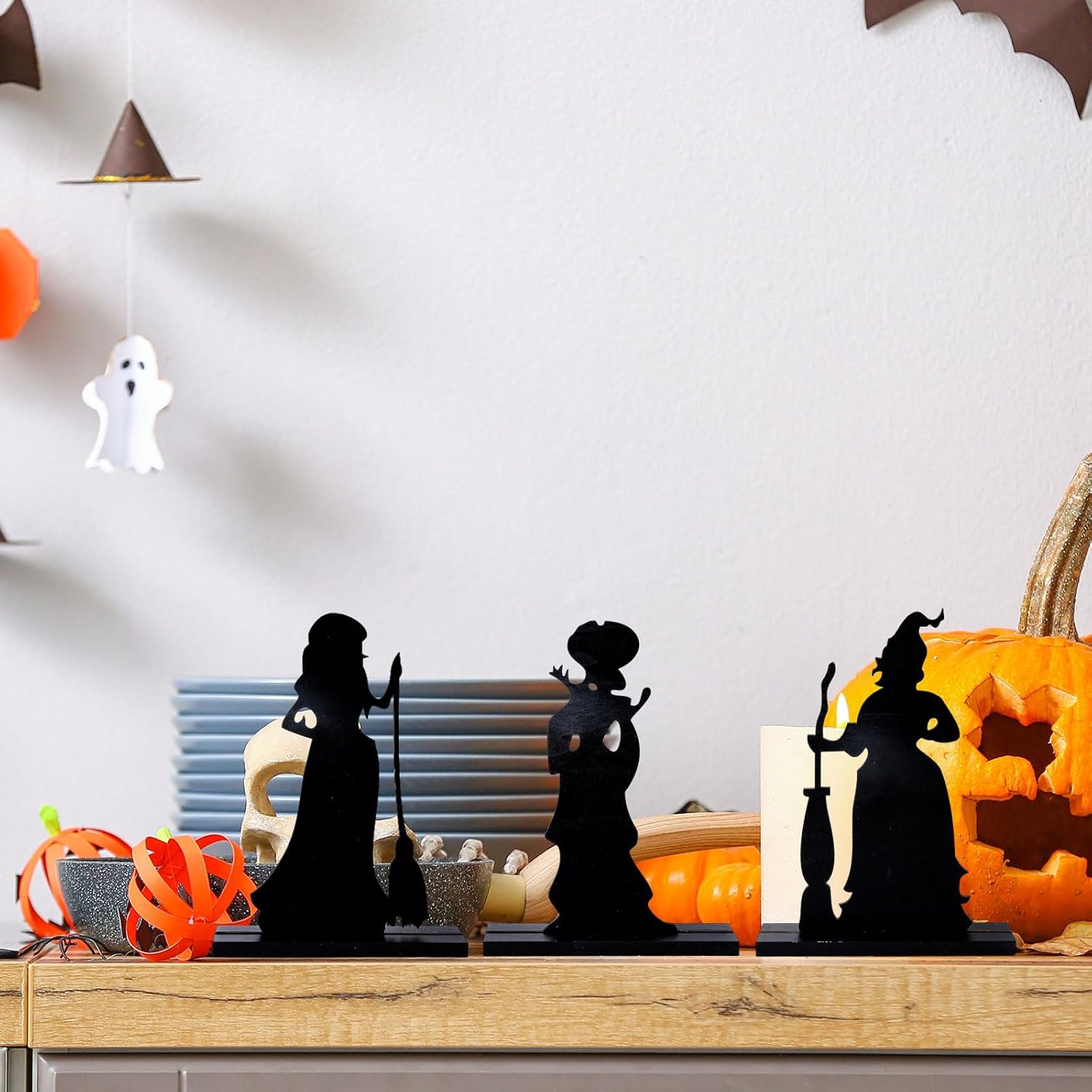 Whaline 3 piezas de decoración de mesa de Halloween Hocus Pocus, bruja de madera, centro de mesa para Halloween, regalo divertido, decoración del