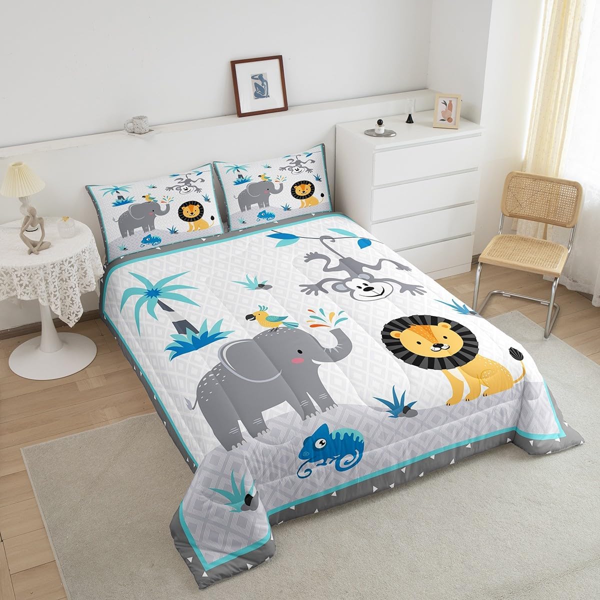 Wild Animals Comforter Set,Lion and Monkey Bedding Set for Kids Girls Women,Adults Elephant Comforter,Geometric Stitching Quilted Duvet Set Bedroom