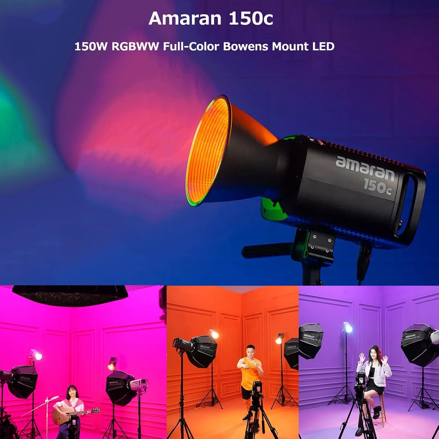 Aputure Amaran 150C RGBWW – Luz de video LED a todo color, 150 W, bicolor, 2500 K a 7500 K, montaje Bowens, luz continua, control de aplicación