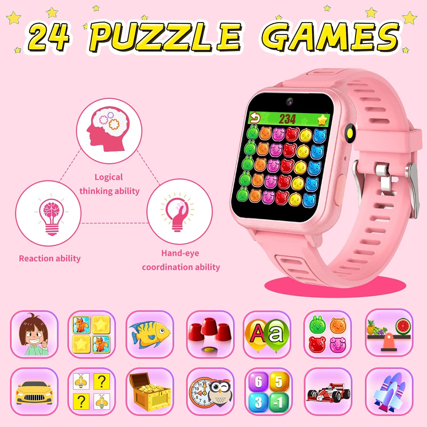 Reloj inteligente para niños y niñas, reloj inteligente para niños de 4 a 12 años con 24 juegos, cámara HD, reproductor de música, podómetro,