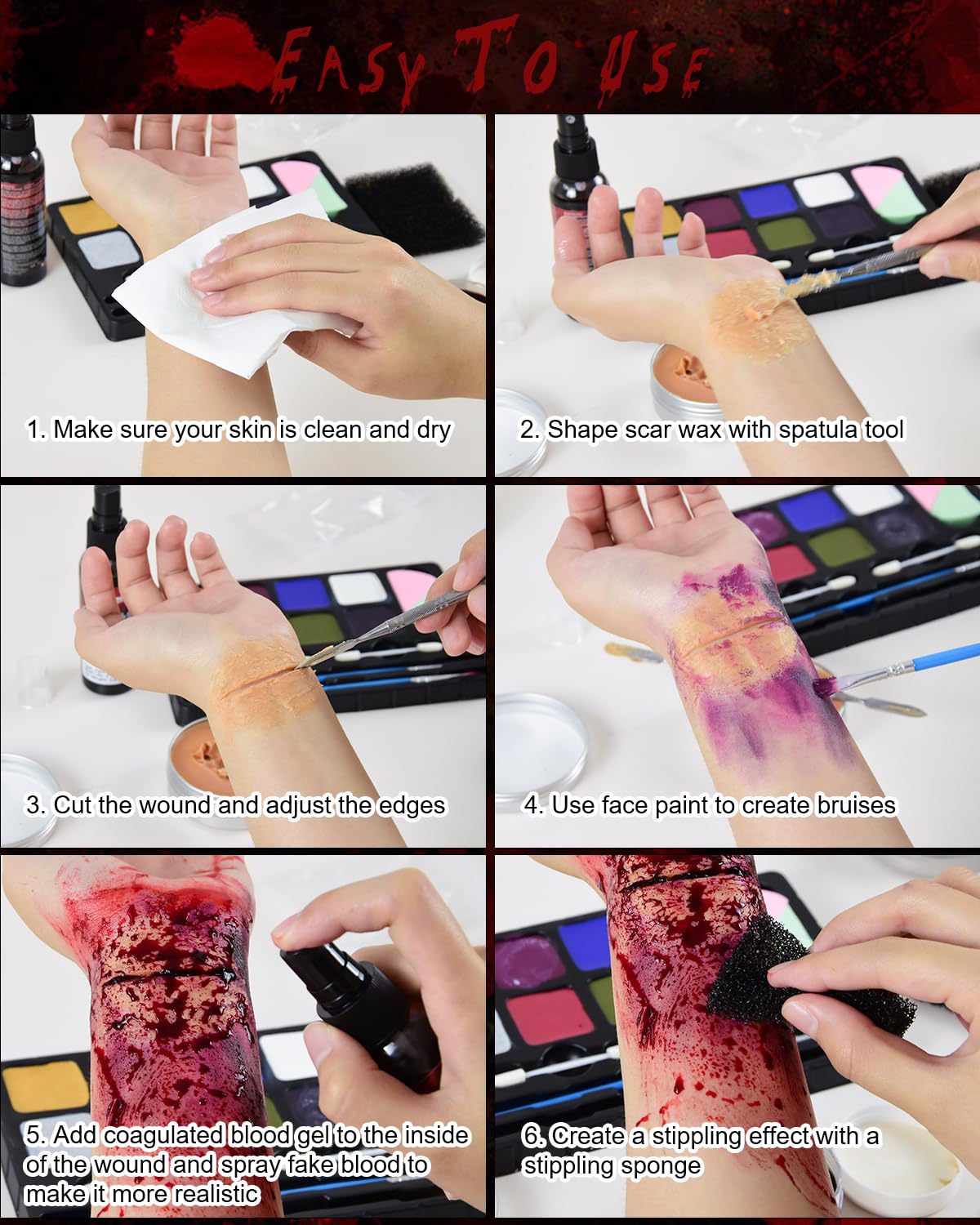 Roizefar Kit de maquillaje SFX de Halloween, 8 colores profesionales de efecto especial para la cara y el cuerpo, paleta de pintura con cera de