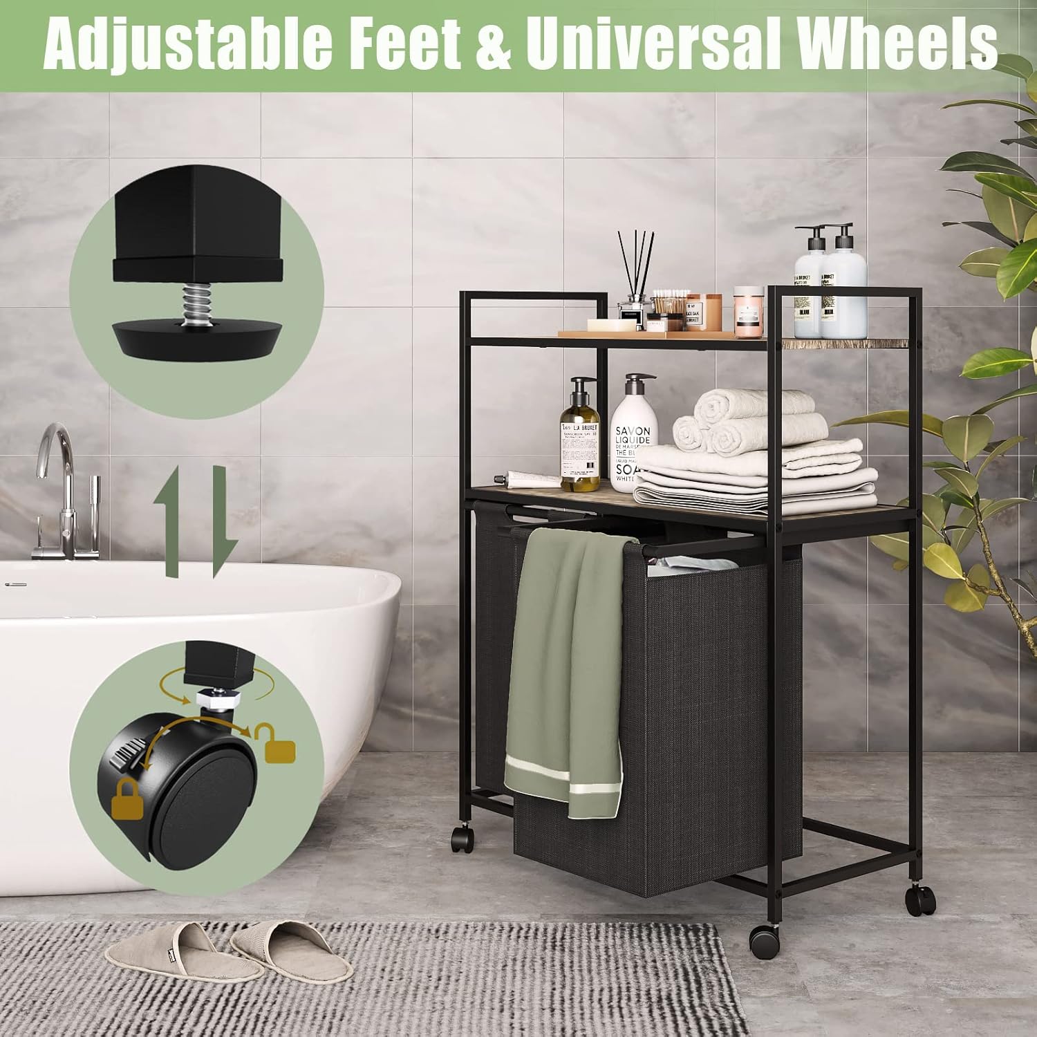 Huhaneon Cesta de lavandería con ruedas, cesta de lavandería, muebles de baño con 2 bolsas extraíbles y extraíbles, 2 estantes, capacidad de 12