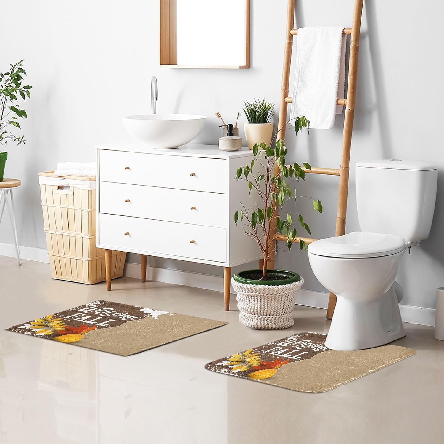 Bathroom Rugs Sets 2 Piece 24×16+24×20 Inch,Soft U-Shaped Contour Toilet Rug Welcome Fall Non-Slip Absorbent Bath Floor Mat Carpet Set Water