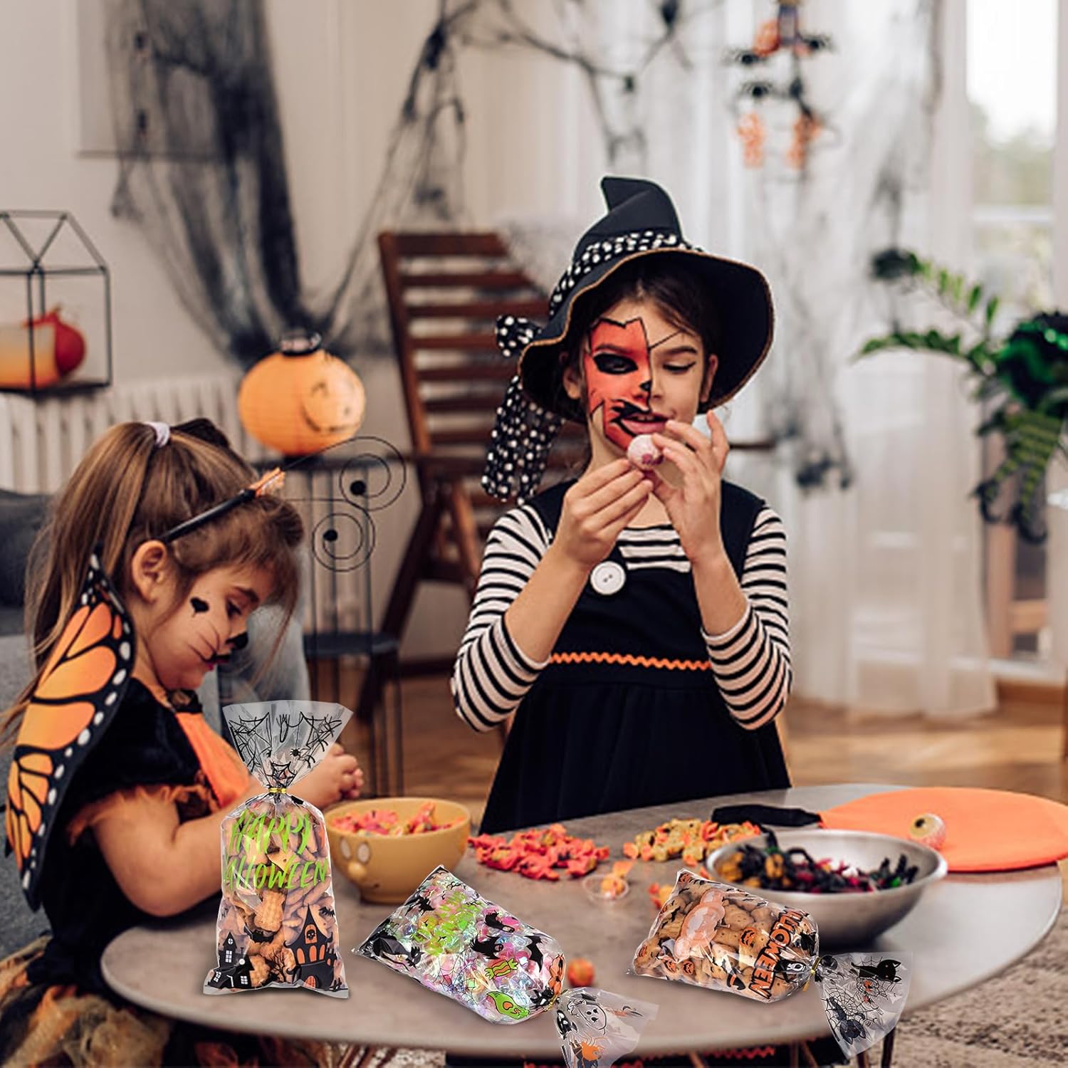 JMANNI Bolsas de dulces de Halloween para celfán, 120 bolsas de plástico transparente para Halloween, bolsas de dulces, murciélagos, calabaza y
