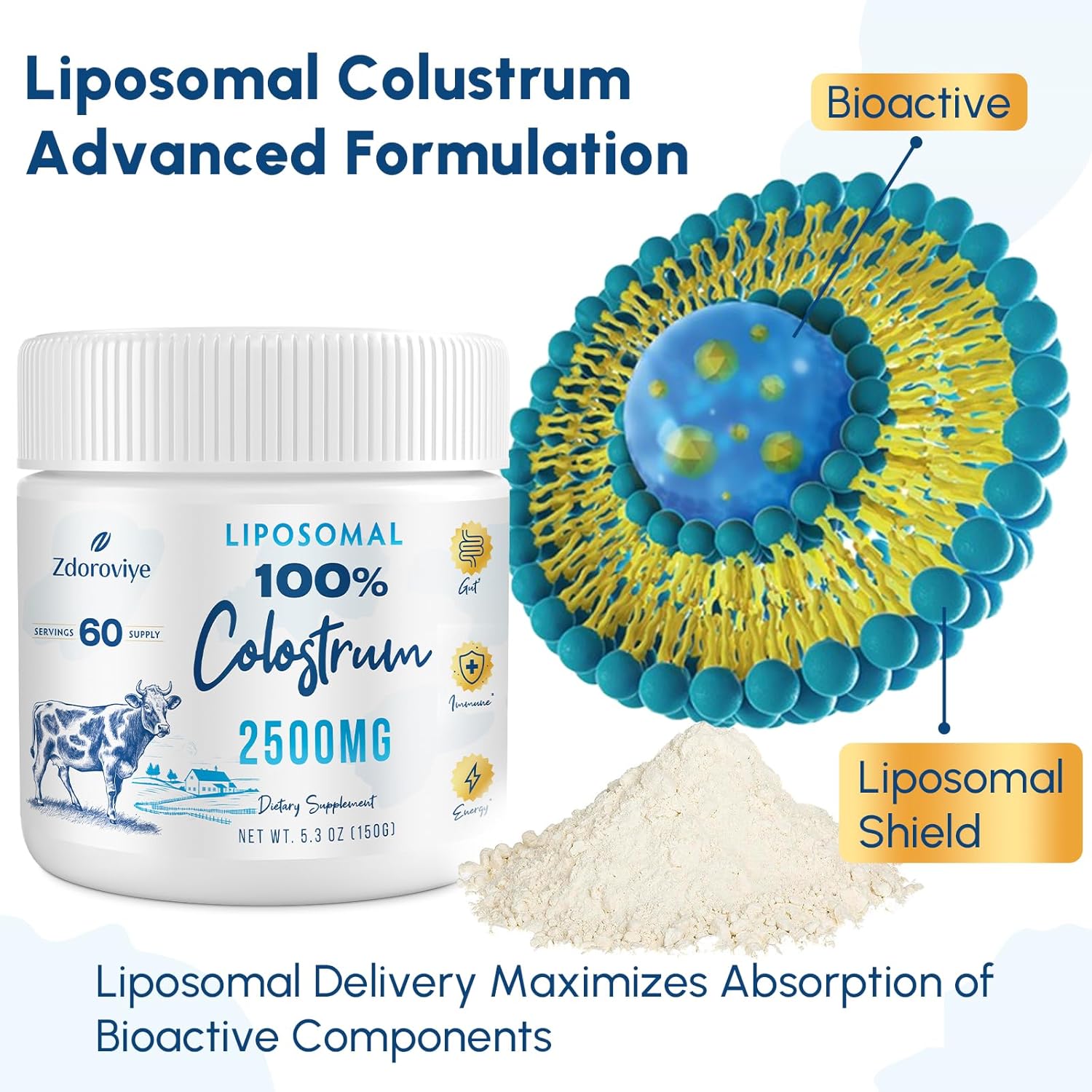 Suplemento en polvo de calostro bovino liposomal, 2500 mg, de vacas alimentadas con pasto, alta absorción que el calostro bovino regular para