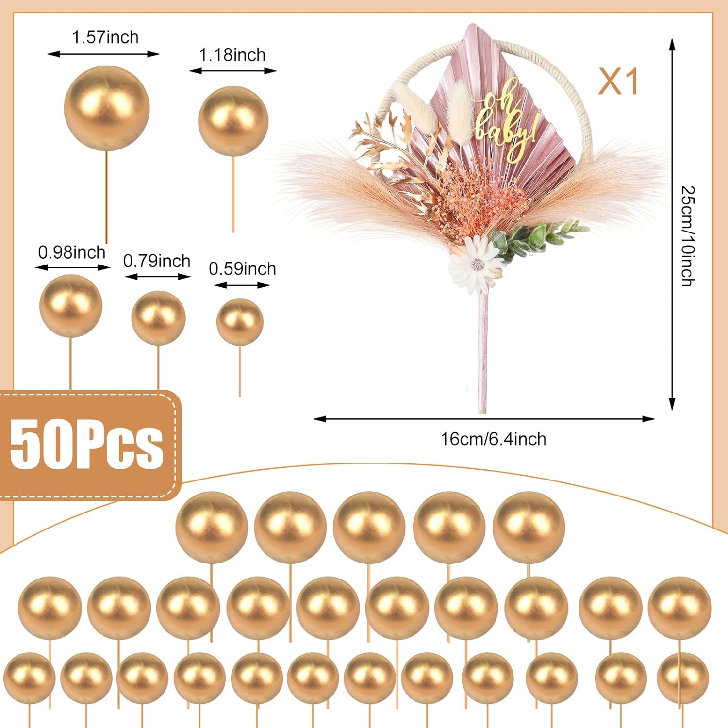 Soaoo Juego de 51 decoraciones para tartas de flores secas, hojas de palma, decoración de pastel de bricolaje, decoración bohemia para tartas, bolas