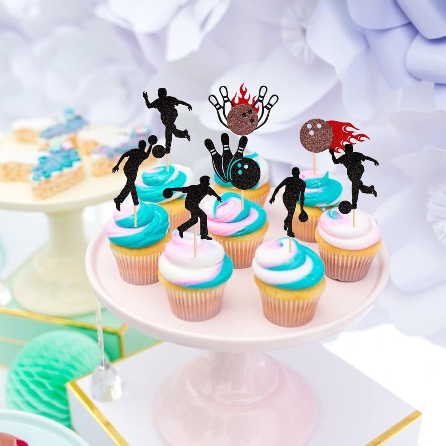 28 piezas de decoración de cupcakes con purpurina para jugadores de bolos para jugadores de bolos, bolos deportivos, decoración de pasteles para