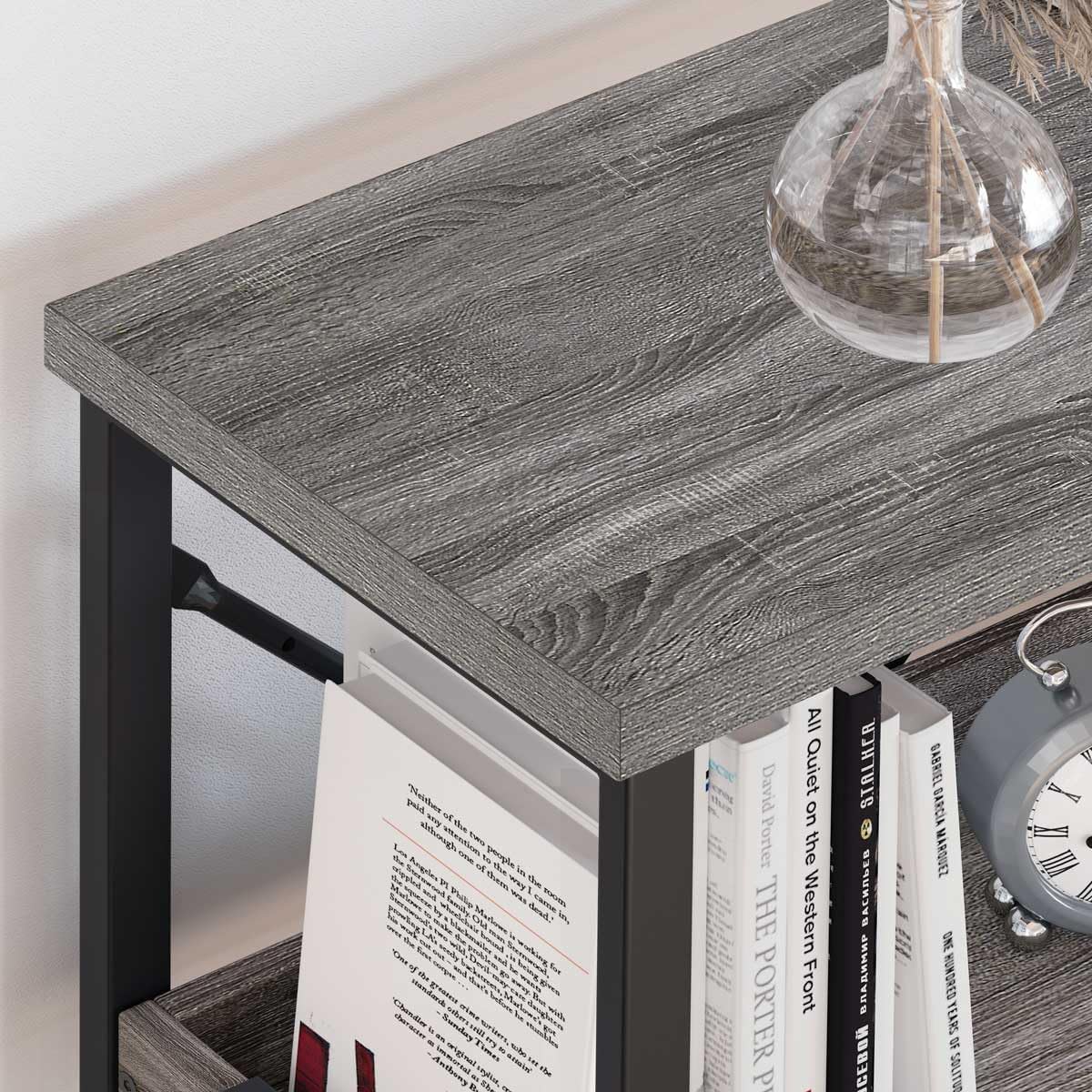 BON AUGURE Mesa consola industrial para sofá detrás del sofá, mesa de entrada de metal de madera con estantes, mesas estrechas de 3 niveles para