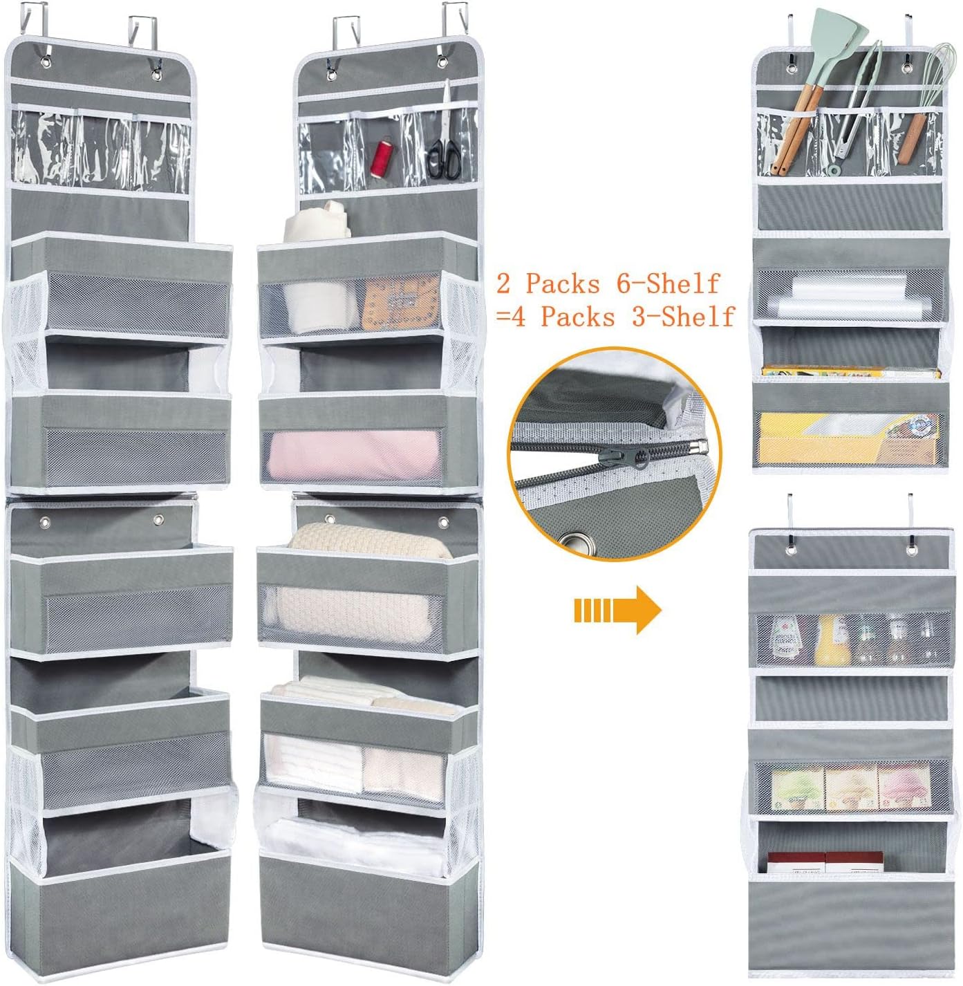 BrilliantJo 2 paquetes de 6 estantes organizadores sobre la puerta, flexible, 1 dividido en 2 (4 paquetes de 3 estantes), soporte de pared para