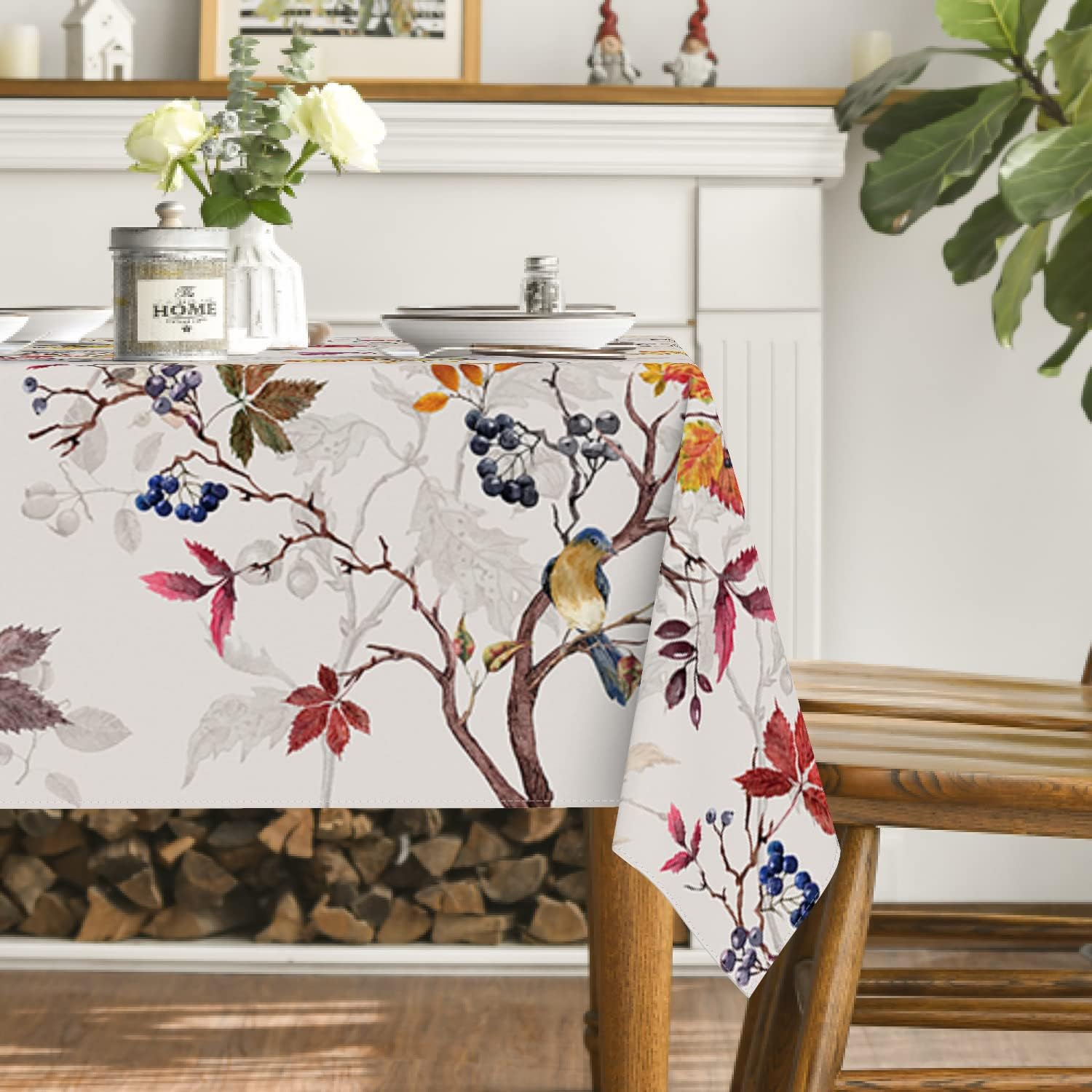Horaldaily Mantel de otoño de 60 x 84 pulgadas, decoración de mesa de Acción de Gracias, cosecha de otoño, acuarela, pájaros, árboles, para fiesta,