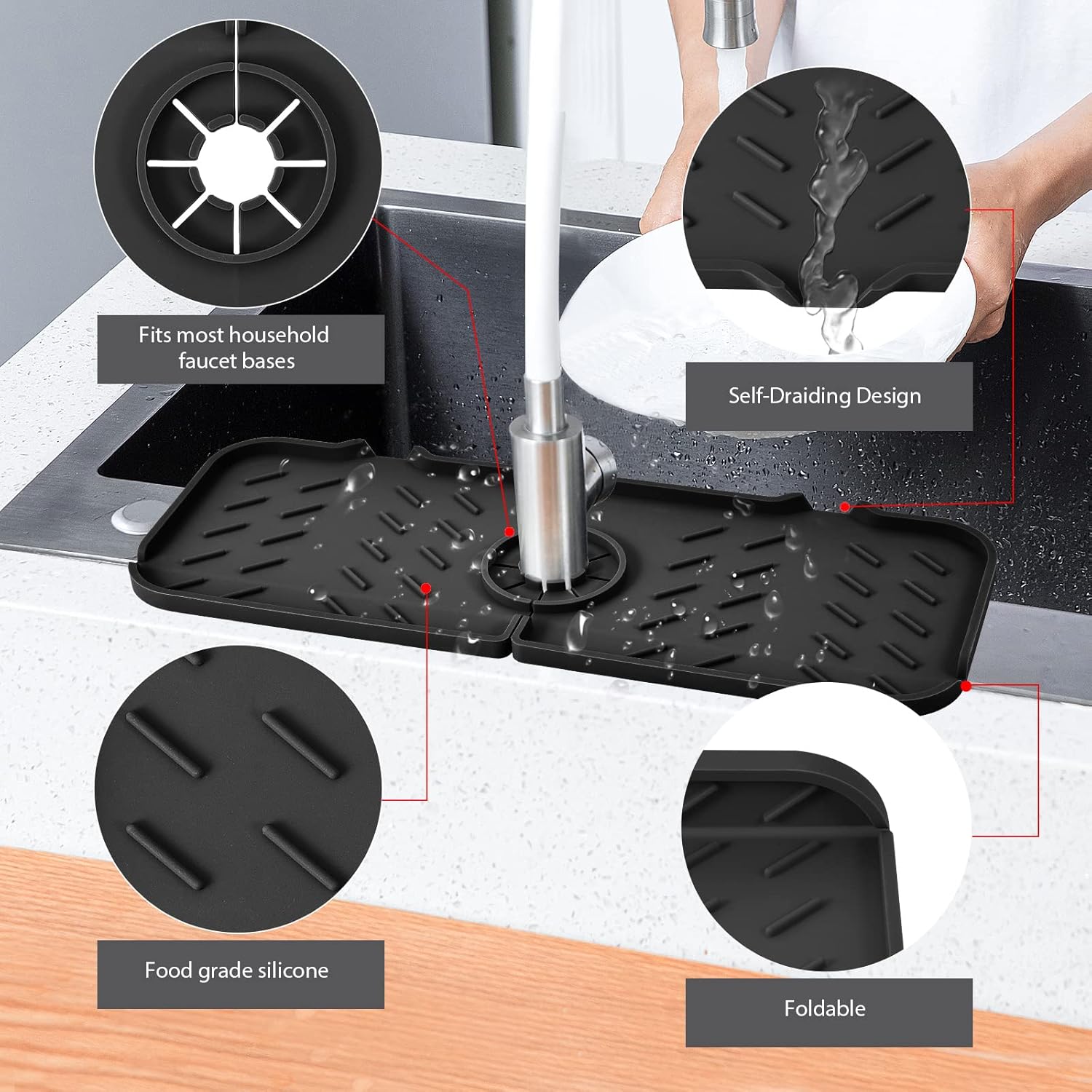 SKitchen – Protector contra salpicaduras para fregadero de 15.4 x 5.5 pulgadas, protector de salpicaduras mejorado para grifo con drenaje